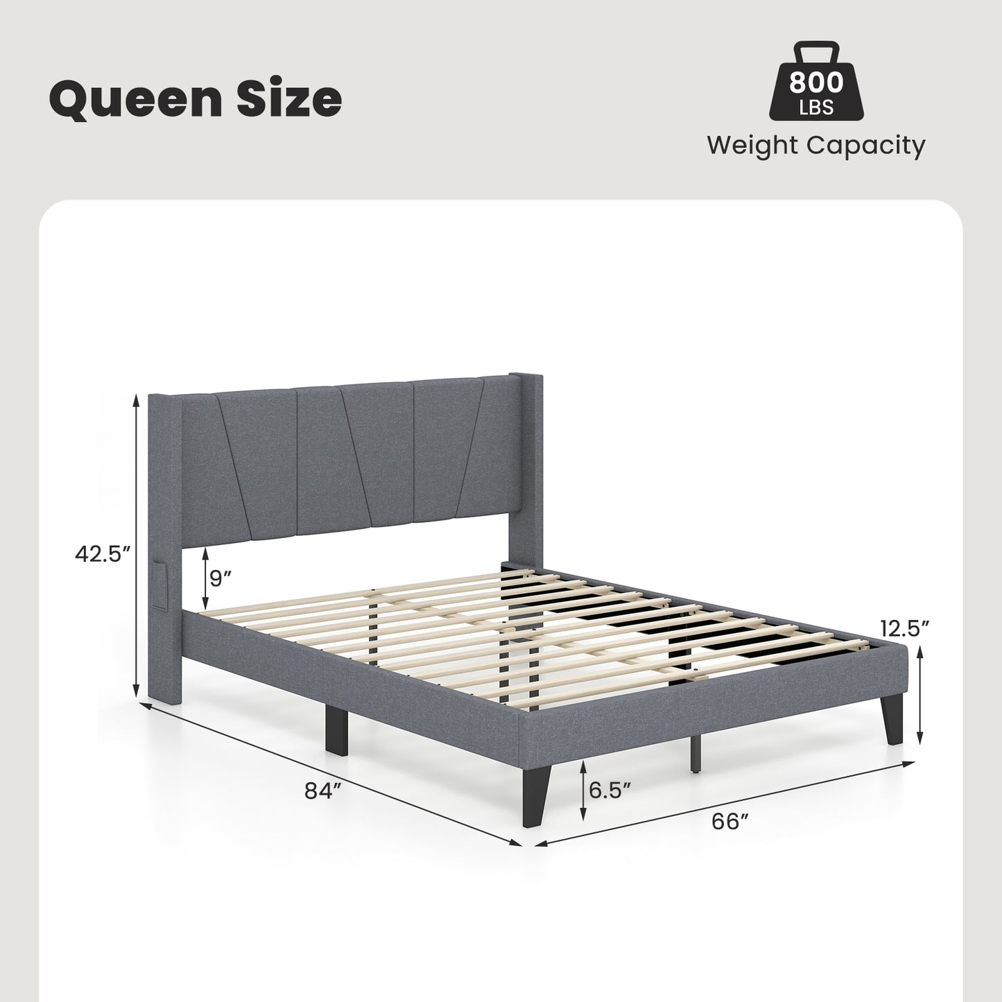 Full/Queen Size Bed Frame with Wingback Headboard and Wood Slat Support-Queen Size Kids Crystal