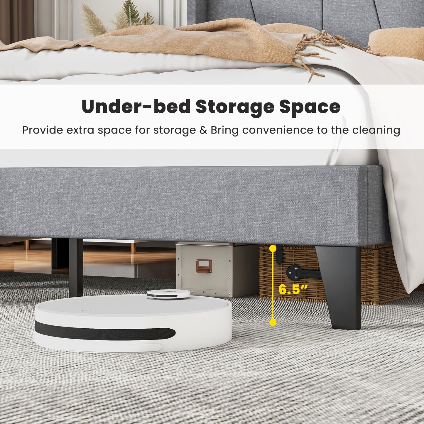 Full/Queen Size Bed Frame with Wingback Headboard and Wood Slat Support-Queen Size Kids Crystal