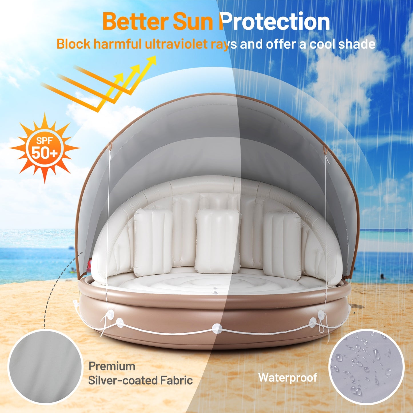 Inflatable Canopy Island Tanning Pool Lounger Float with Retractable Canopy Kids Crystal