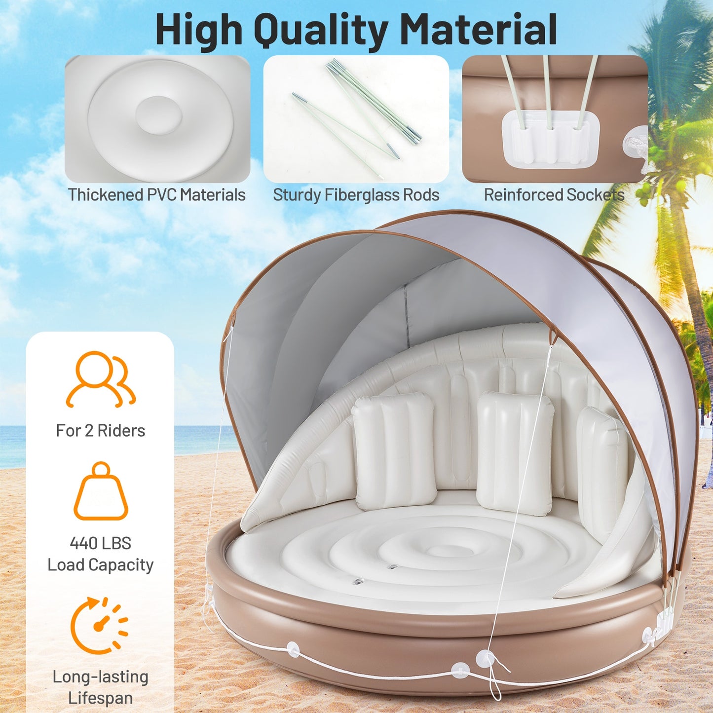 Inflatable Canopy Island Tanning Pool Lounger Float with Retractable Canopy Kids Crystal