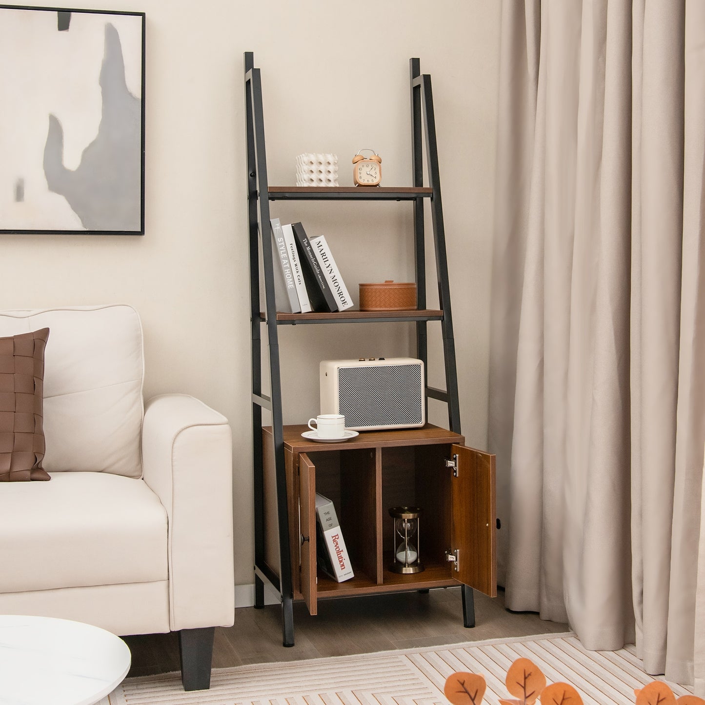 4-Tier Ladder Shelf with Cabinet and Metal Frame-Rustic Brown Kids Crystal