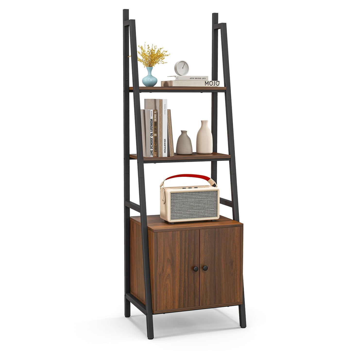 4-Tier Ladder Shelf with Cabinet and Metal Frame-Rustic Brown Kids Crystal