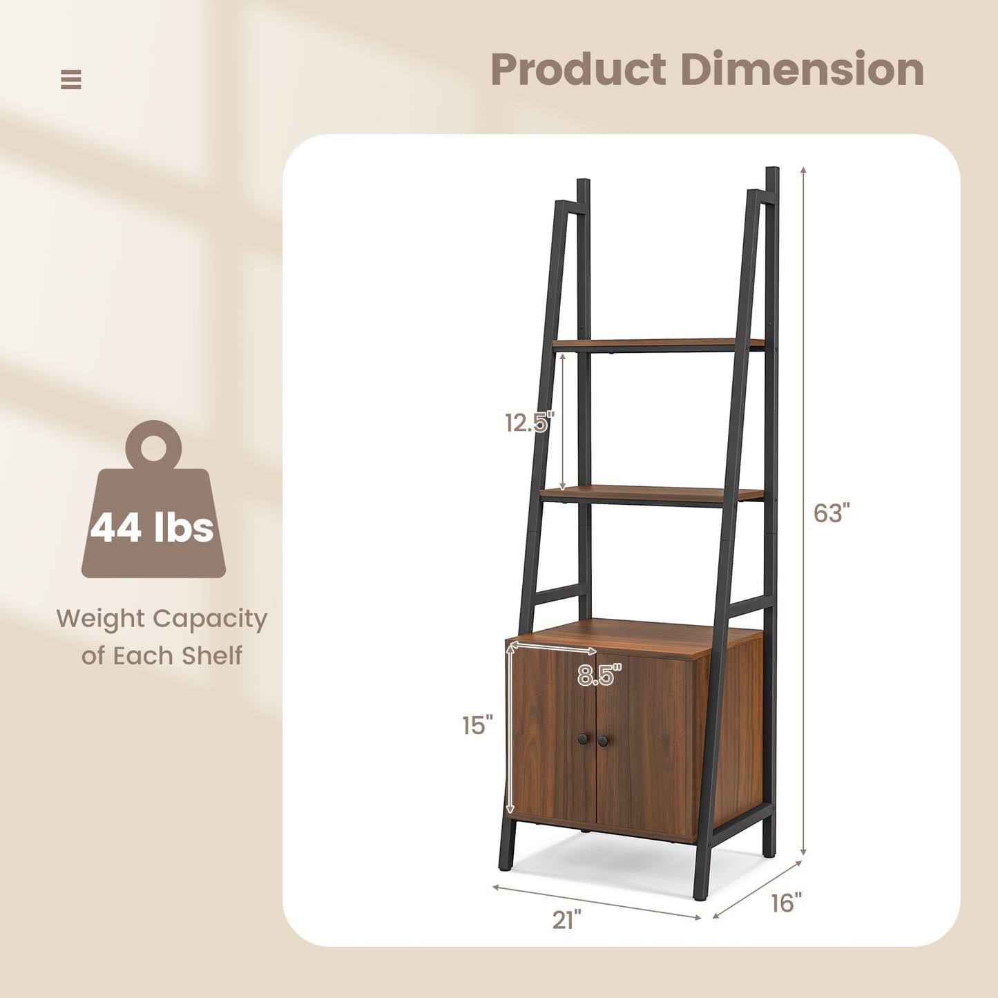 4-Tier Ladder Shelf with Cabinet and Metal Frame-Rustic Brown Kids Crystal