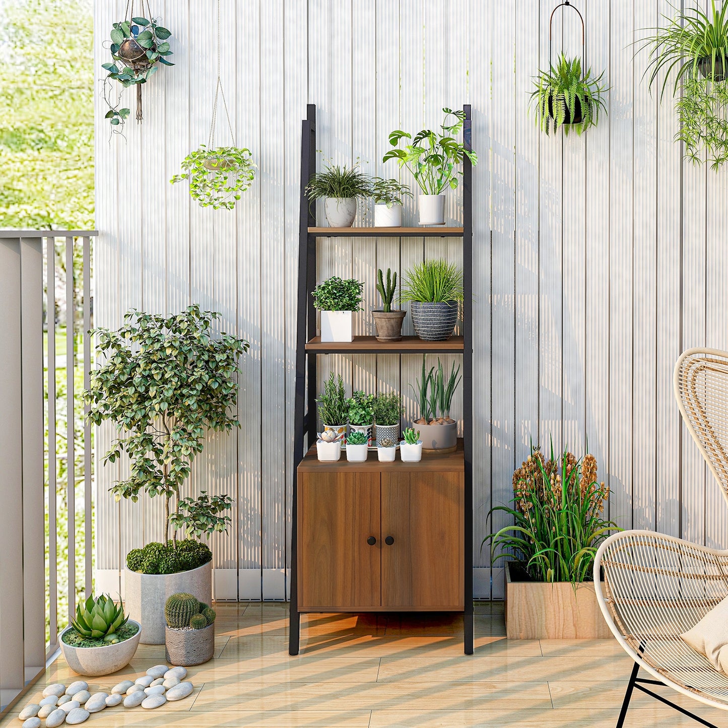 4-Tier Ladder Shelf with Cabinet and Metal Frame-Rustic Brown Kids Crystal