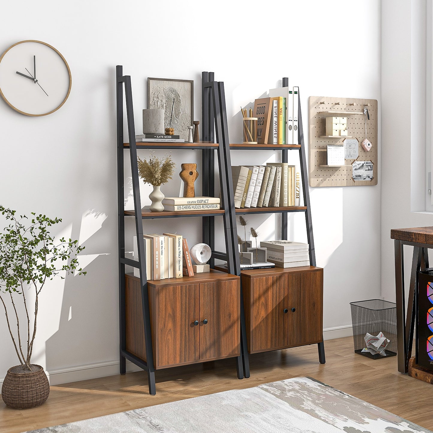 4-Tier Ladder Shelf with Cabinet and Metal Frame-Rustic Brown Kids Crystal