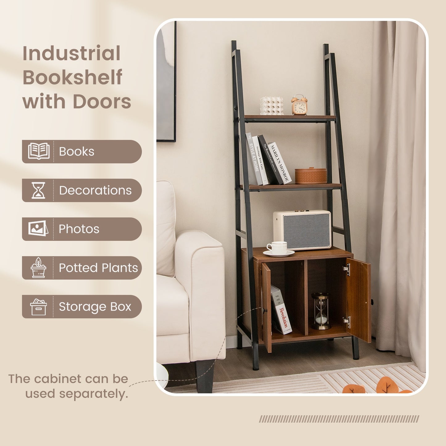 4-Tier Ladder Shelf with Cabinet and Metal Frame-Rustic Brown Kids Crystal