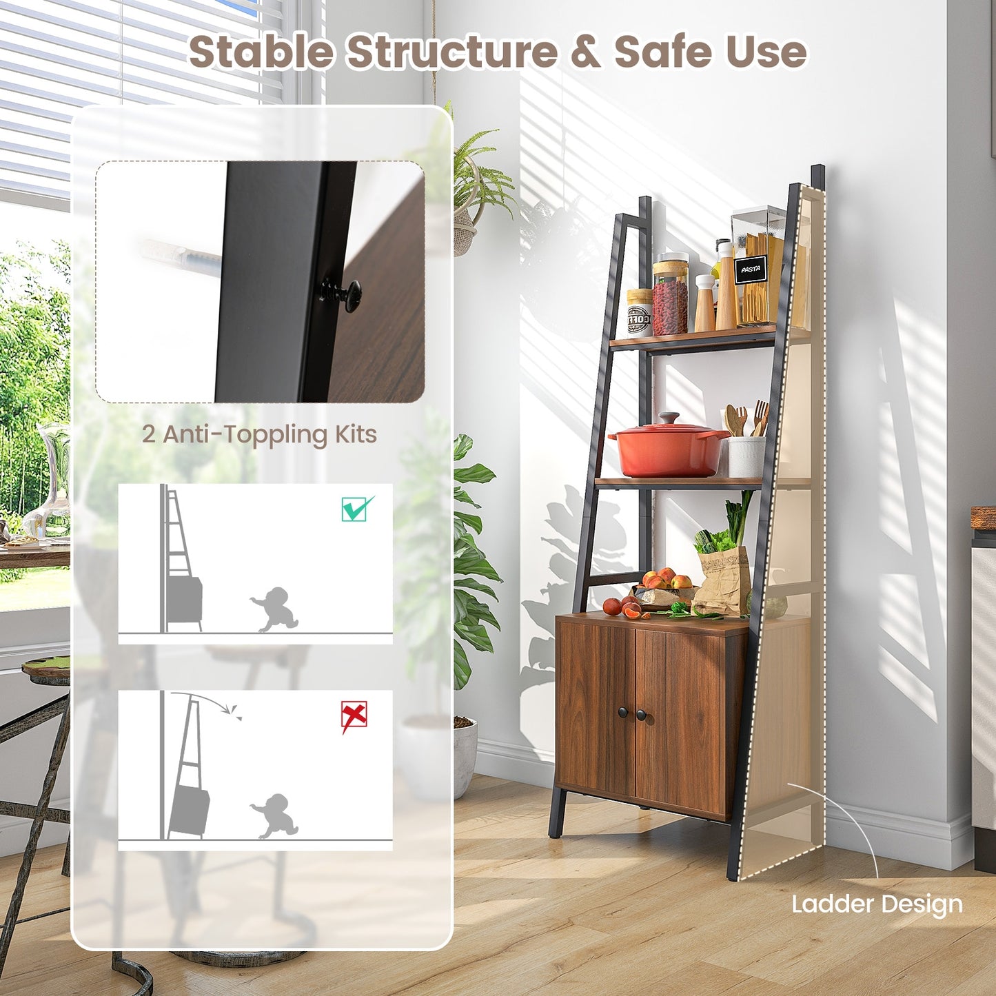 4-Tier Ladder Shelf with Cabinet and Metal Frame-Rustic Brown Kids Crystal