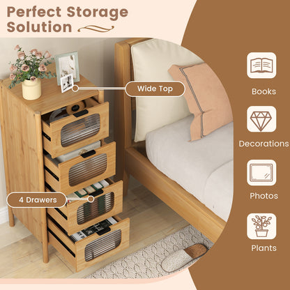 4-Drawer Dresser Bamboo Storage Cabinet with Fluted Tempered Glass Drawers-Natural