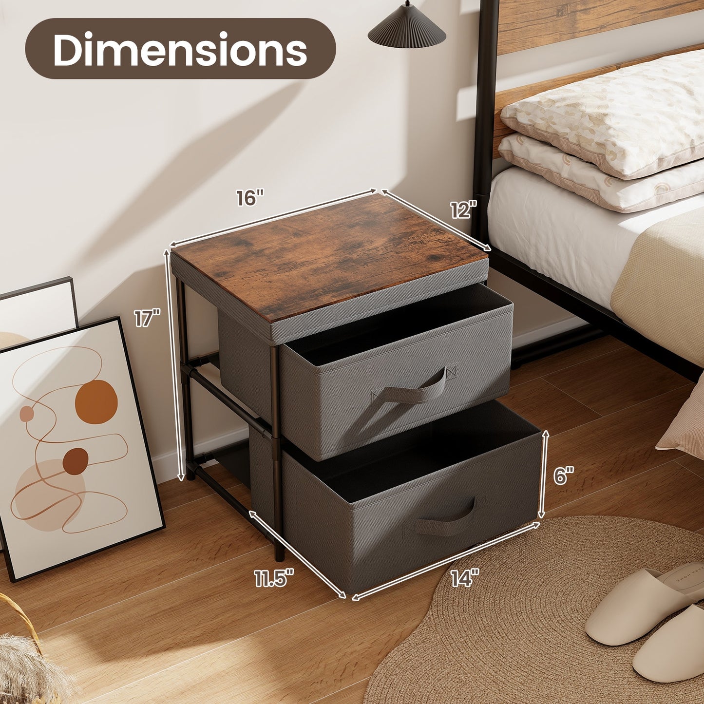 2-Drawer Nightstand with Removable Fabric Bins and Pull Handles-Gray Kids Crystal