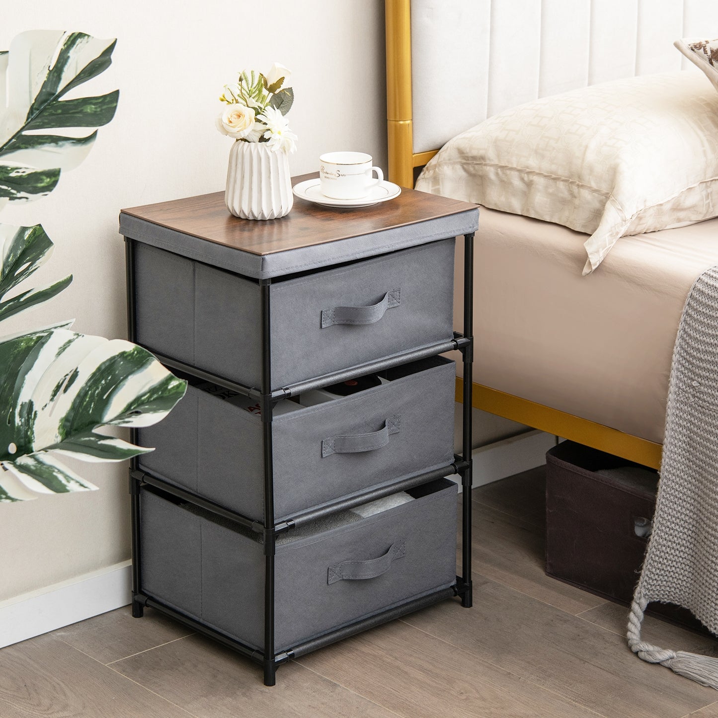 3-Tier Fabric Nightstand with Sturdy Metal Frame-Gray Kids Crystal