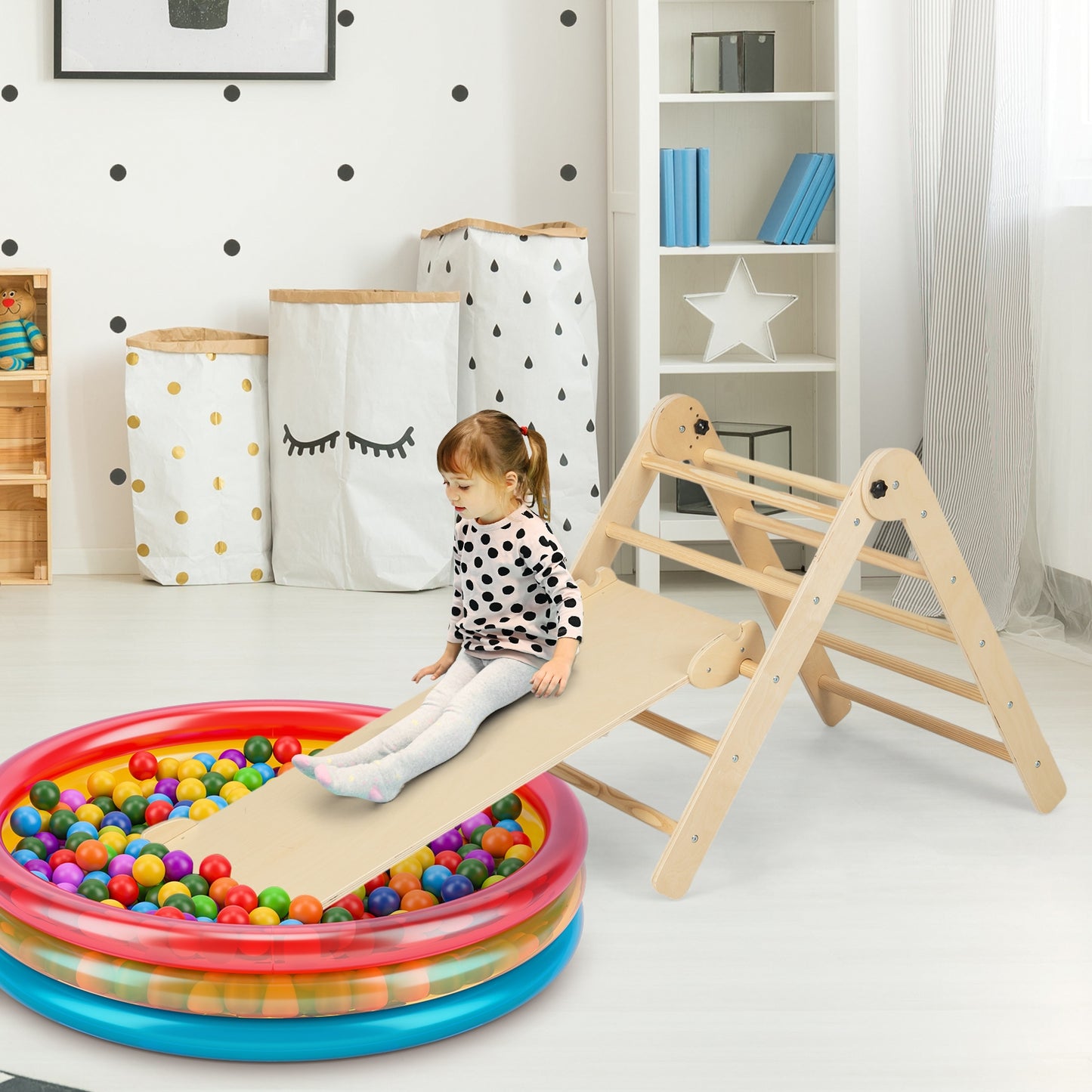 3-in-1 Climbing Set Foldable and Adjustable Kids Triangle Set-Natural Kids Crystal