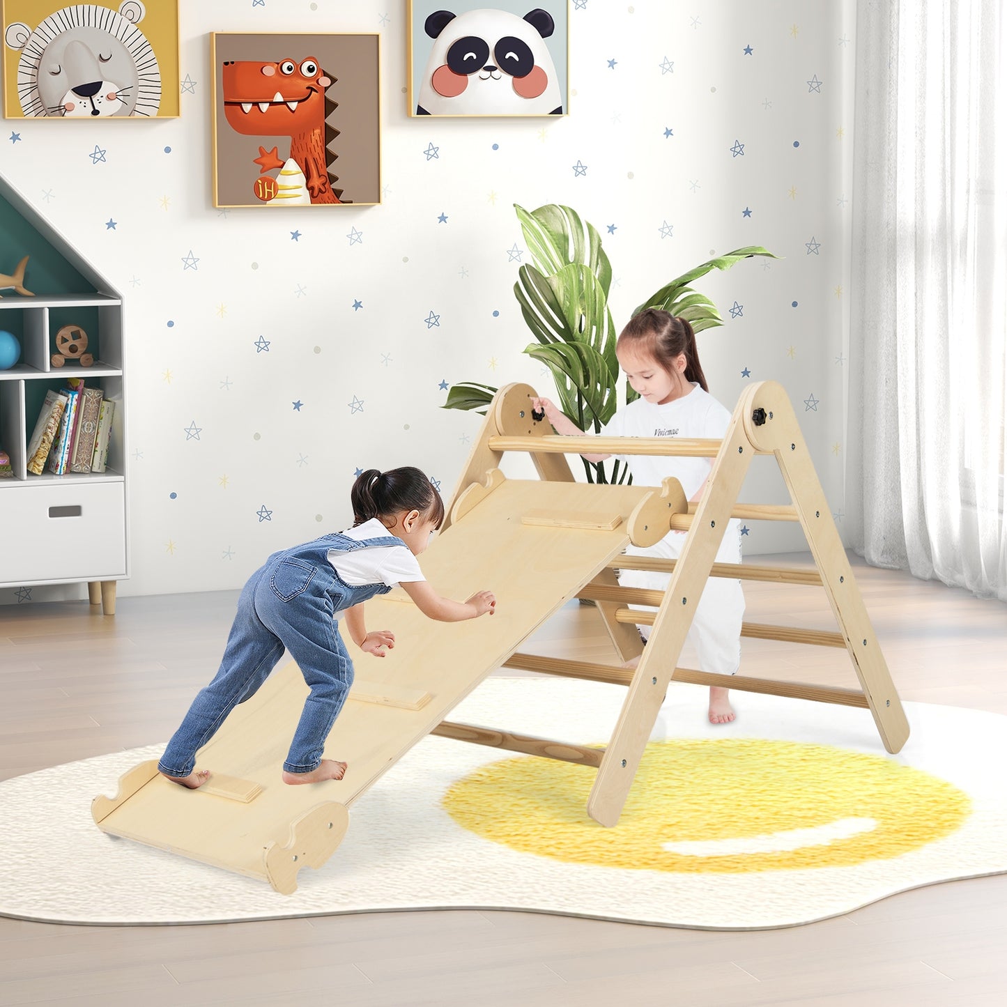 3-in-1 Climbing Set Foldable and Adjustable Kids Triangle Set-Natural Kids Crystal