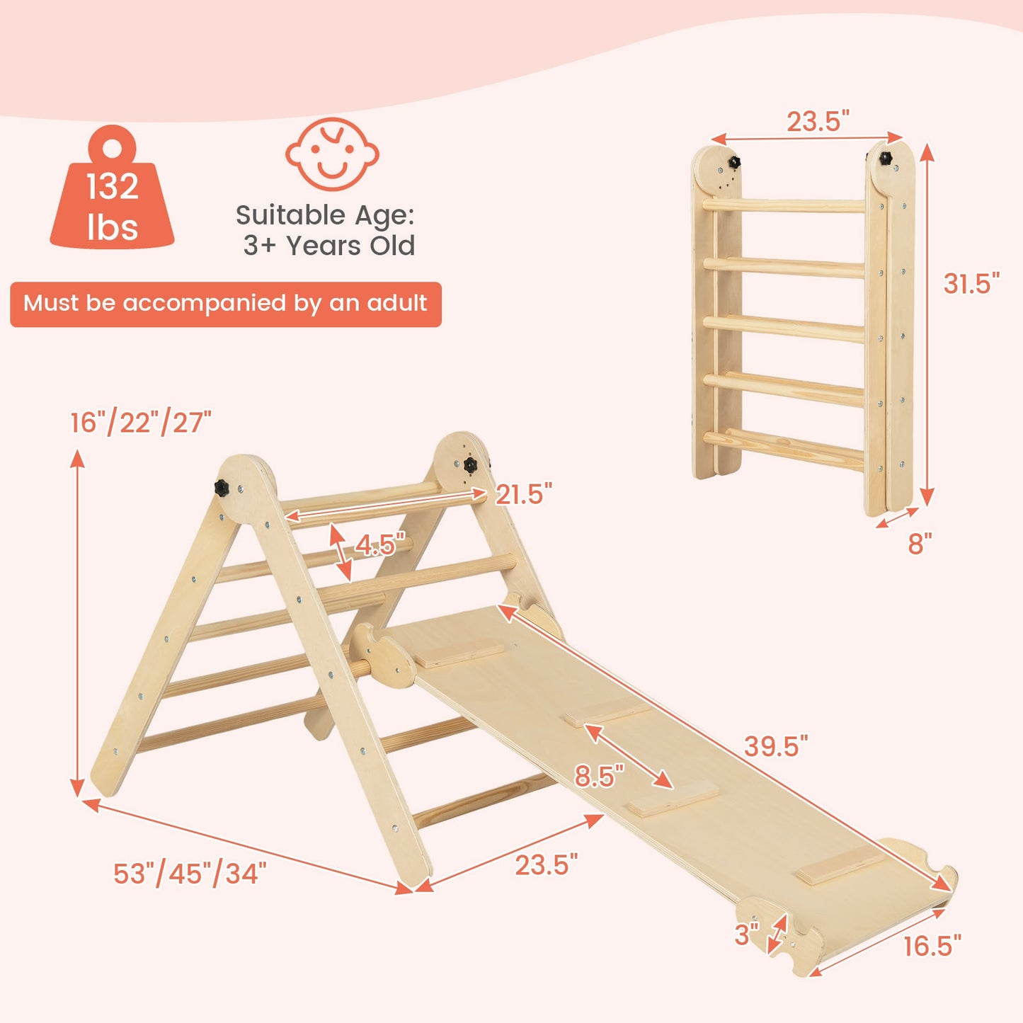3-in-1 Climbing Set Foldable and Adjustable Kids Triangle Set-Natural Kids Crystal