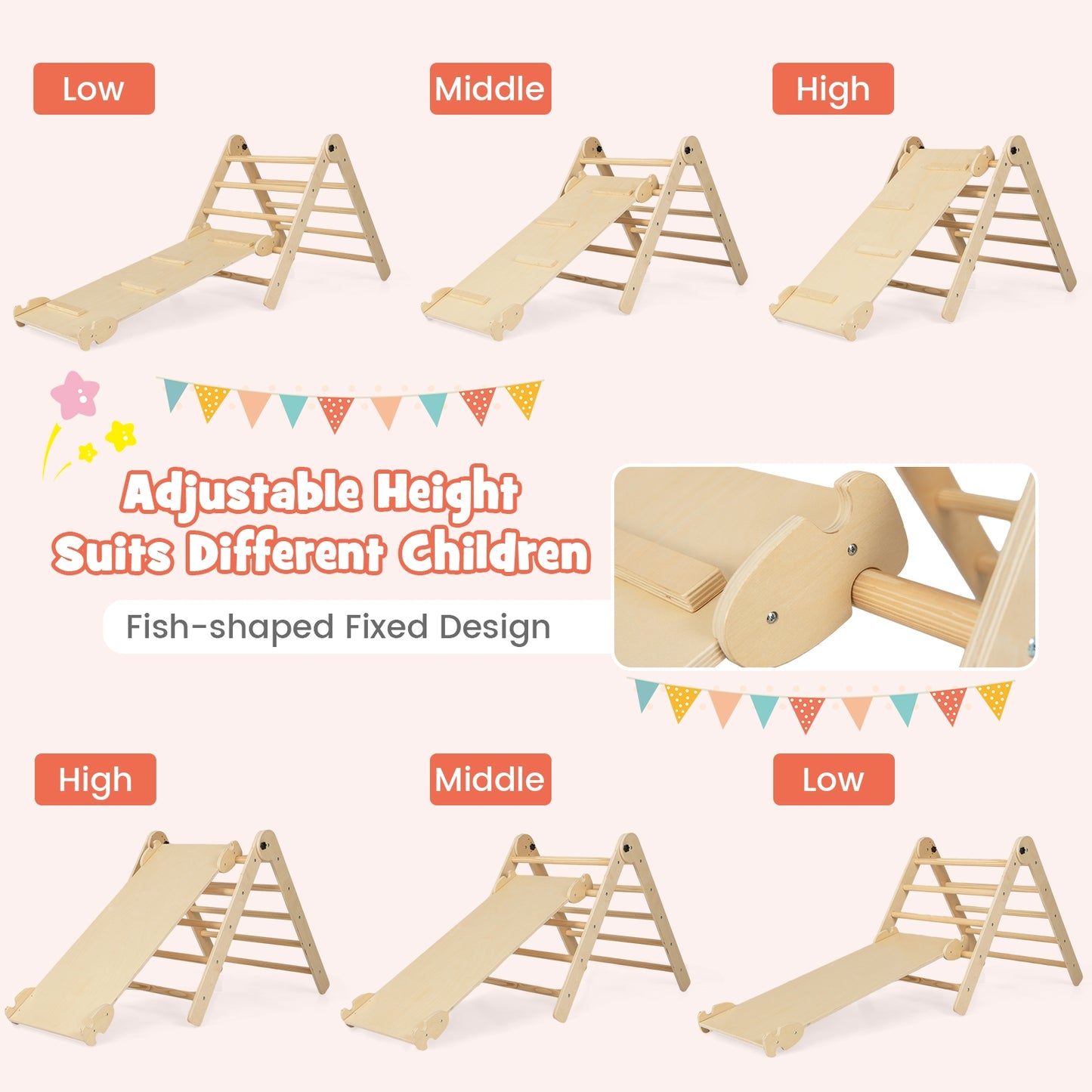 3-in-1 Climbing Set Foldable and Adjustable Kids Triangle Set-Natural Kids Crystal