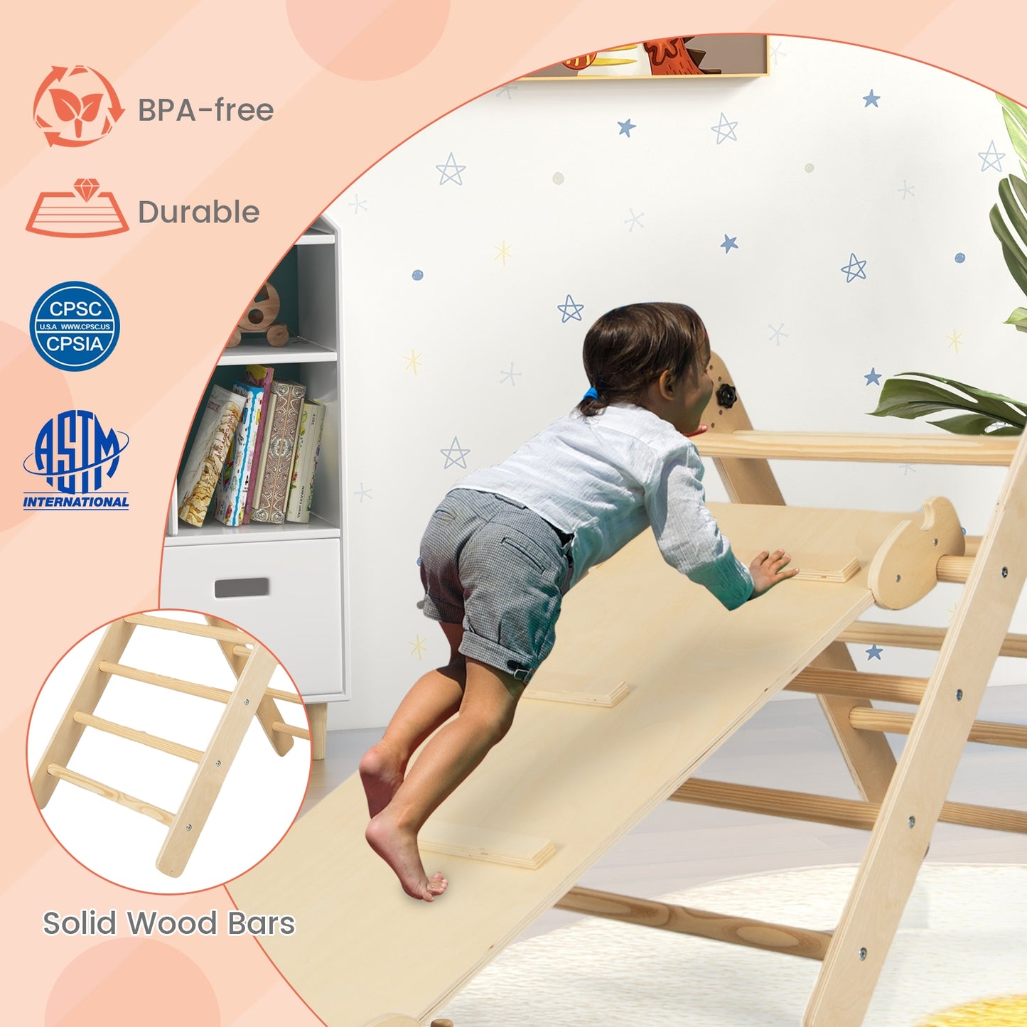 3-in-1 Climbing Set Foldable and Adjustable Kids Triangle Set-Natural Kids Crystal