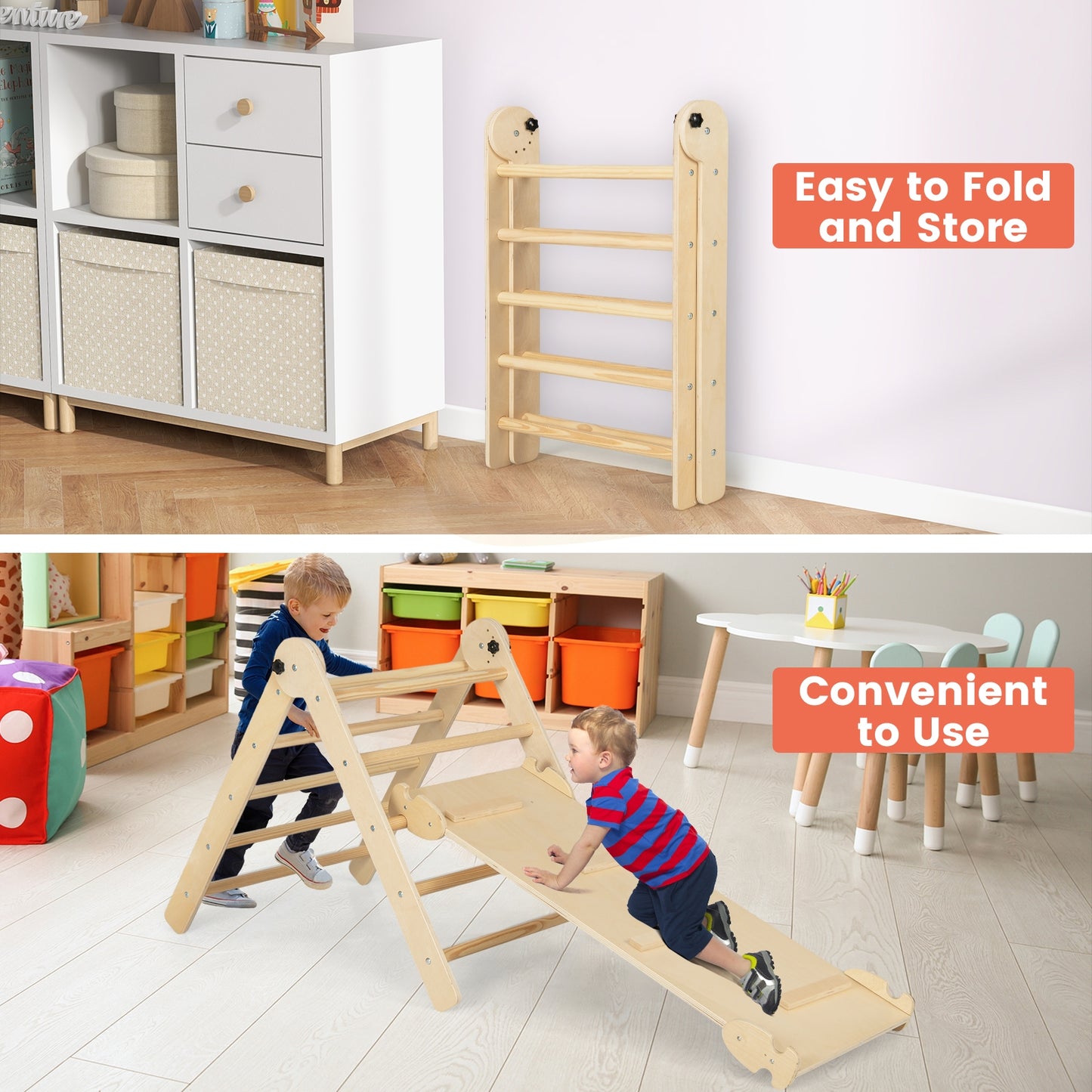 3-in-1 Climbing Set Foldable and Adjustable Kids Triangle Set-Natural Kids Crystal