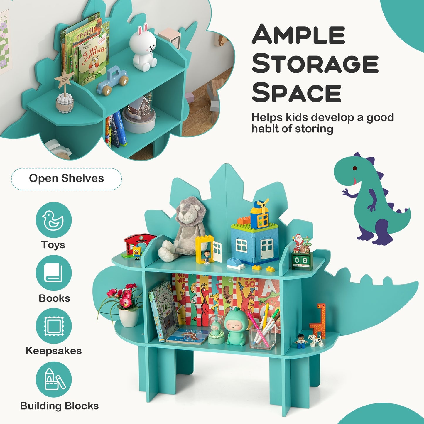 Kids Bookcase Shelf Toy Storage Organizer with Open Storage Shelves-Dinosaur Kids Crystal