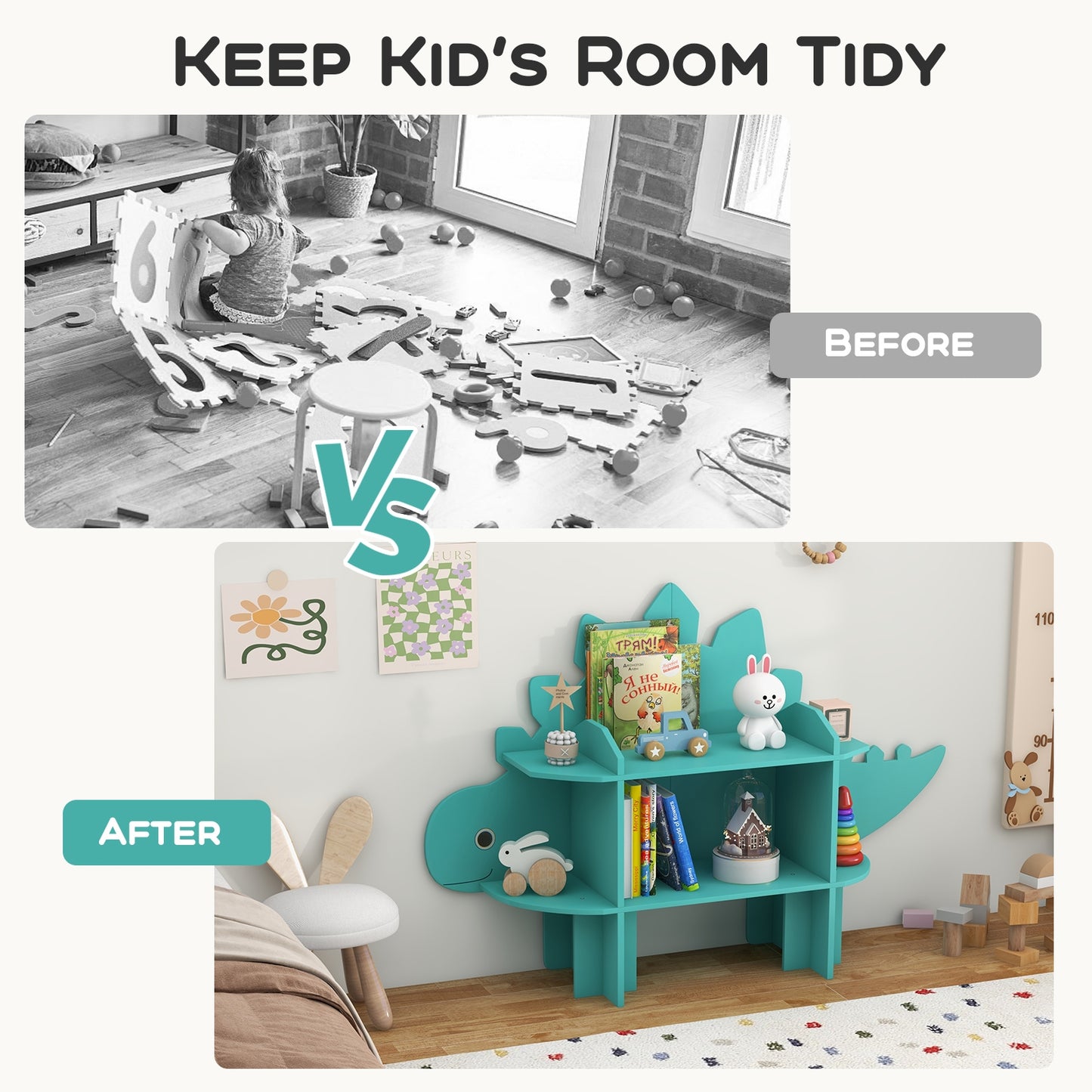 Kids Bookcase Shelf Toy Storage Organizer with Open Storage Shelves-Dinosaur Kids Crystal