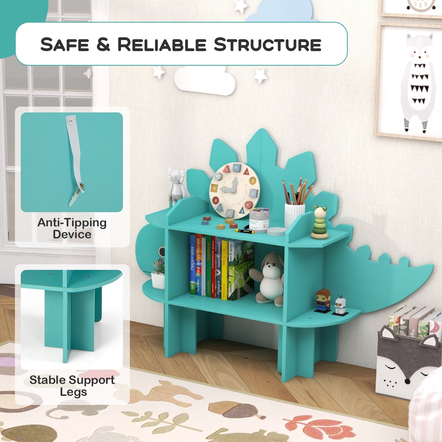 Kids Bookcase Shelf Toy Storage Organizer with Open Storage Shelves-Dinosaur Kids Crystal