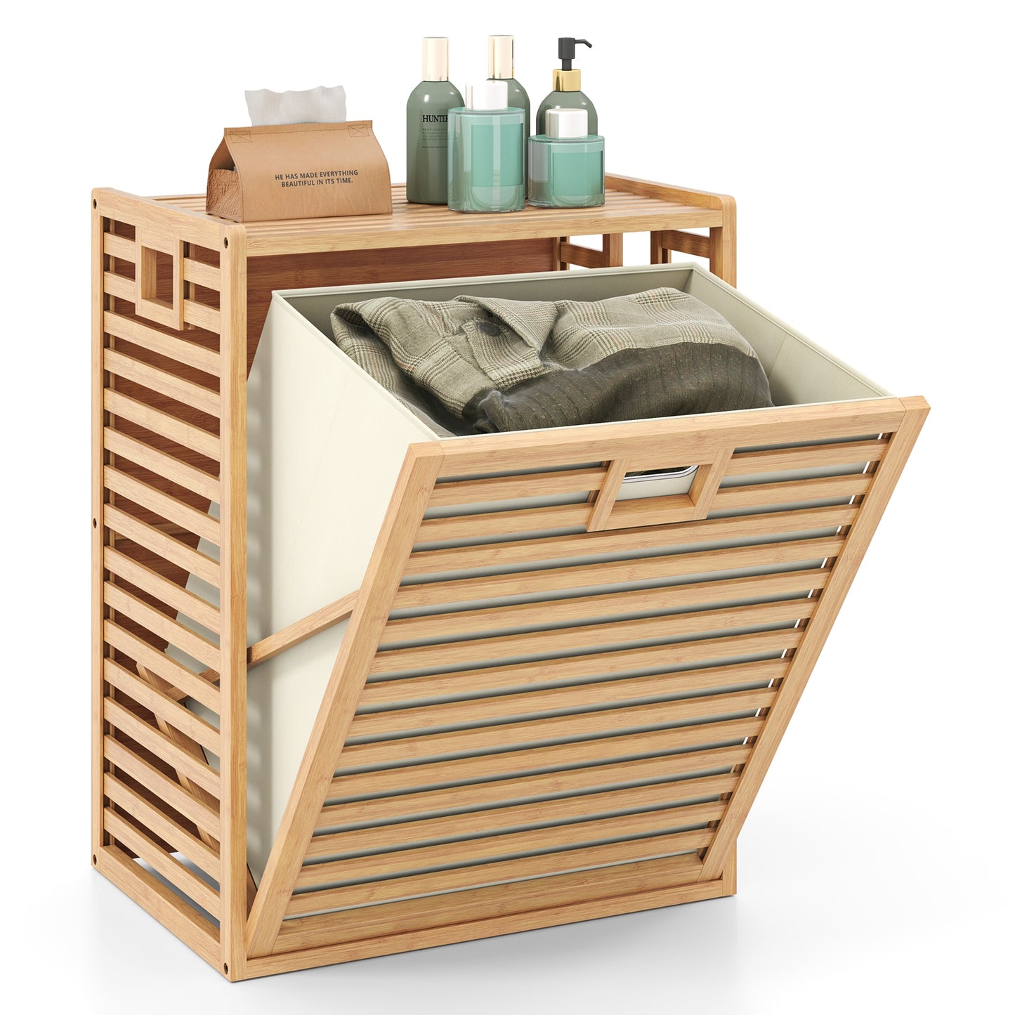 18 Gal Bamboo Tilt-out Laundry Hamper with Removable Fabric Bin-Natural Kids Crystal
