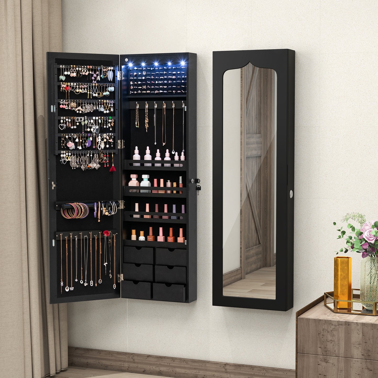 Lockable Wall Mounted Mirror Jewelry Armoire with 5 LEDs and 6 Drawers-Black Kids Crystal