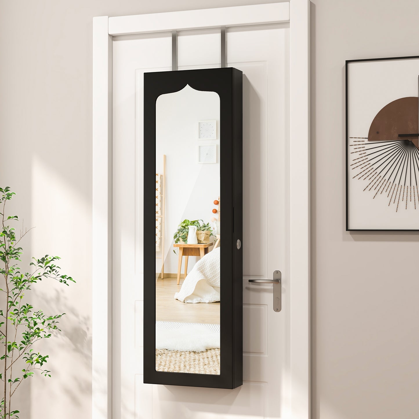 Lockable Wall Mounted Mirror Jewelry Armoire with 5 LEDs and 6 Drawers-Black Kids Crystal