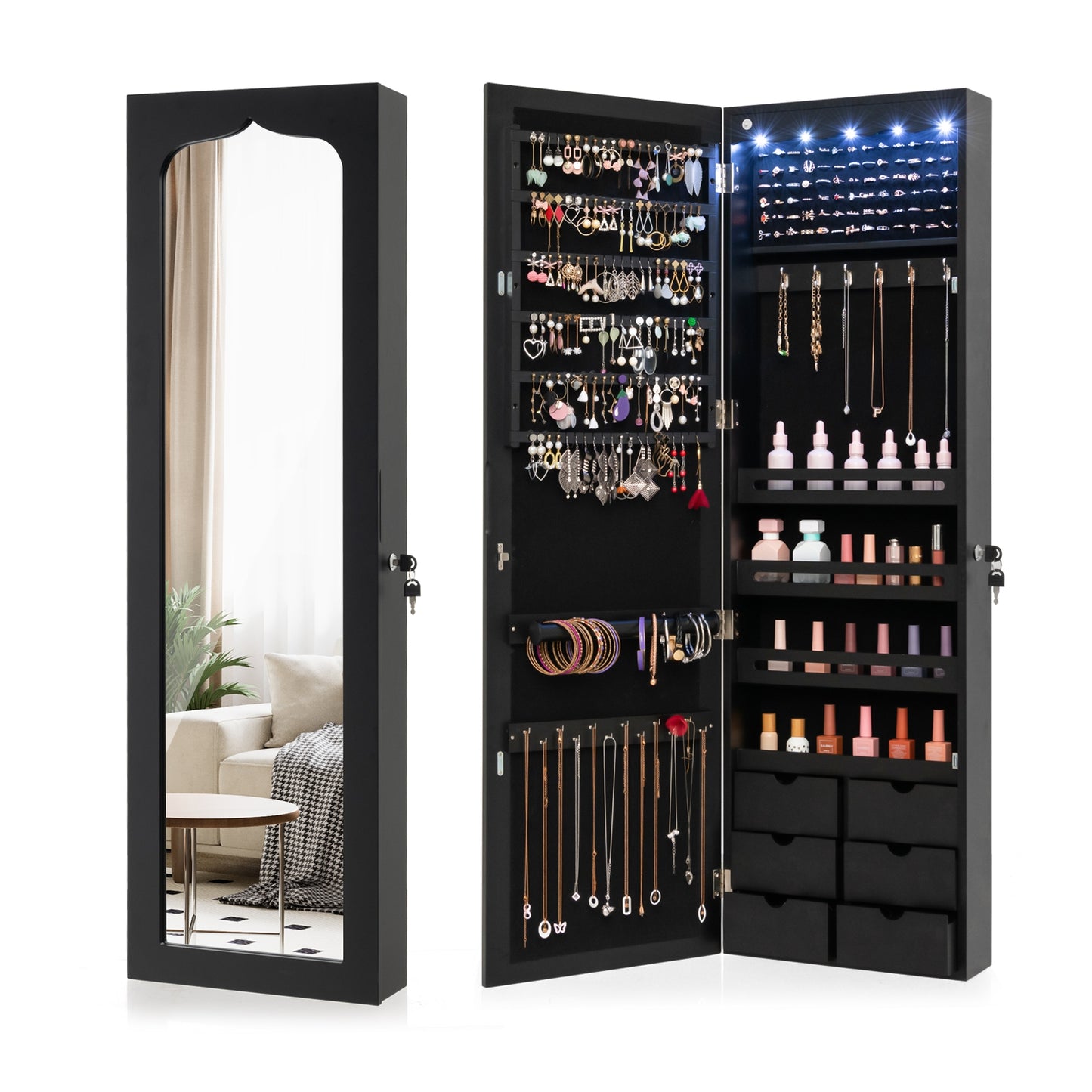Lockable Wall Mounted Mirror Jewelry Armoire with 5 LEDs and 6 Drawers-Black Kids Crystal