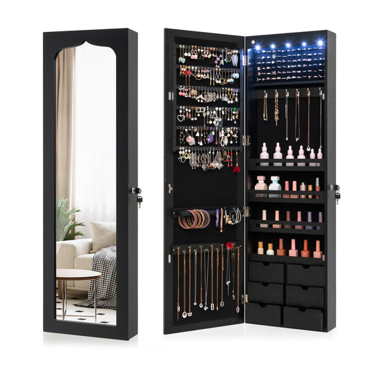 Lockable Wall Mounted Mirror Jewelry Armoire with 5 LEDs and 6 Drawers-Black Kids Crystal