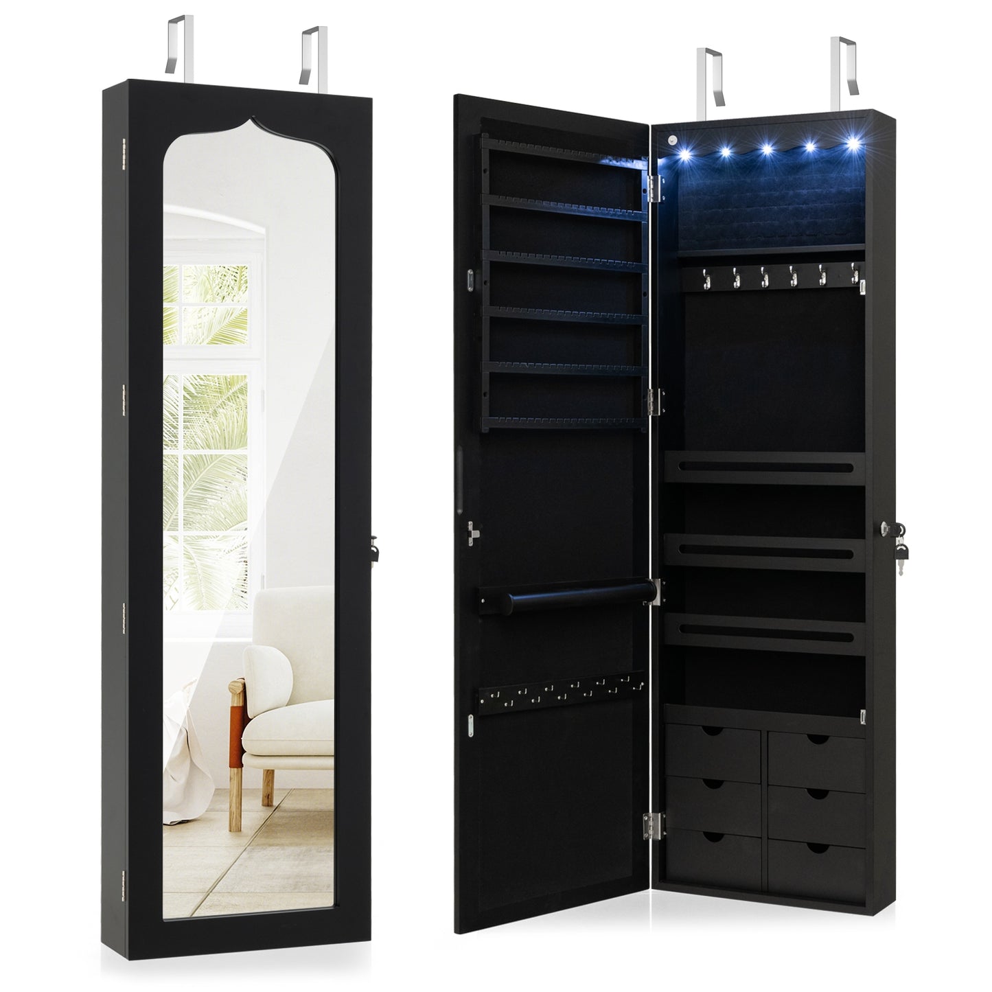 Lockable Wall Mounted Mirror Jewelry Armoire with 5 LEDs and 6 Drawers-Black Kids Crystal