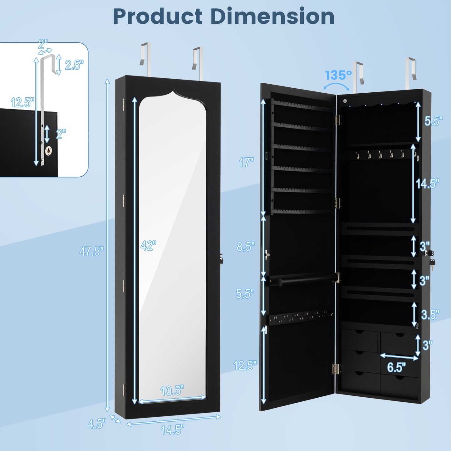 Lockable Wall Mounted Mirror Jewelry Armoire with 5 LEDs and 6 Drawers-Black Kids Crystal