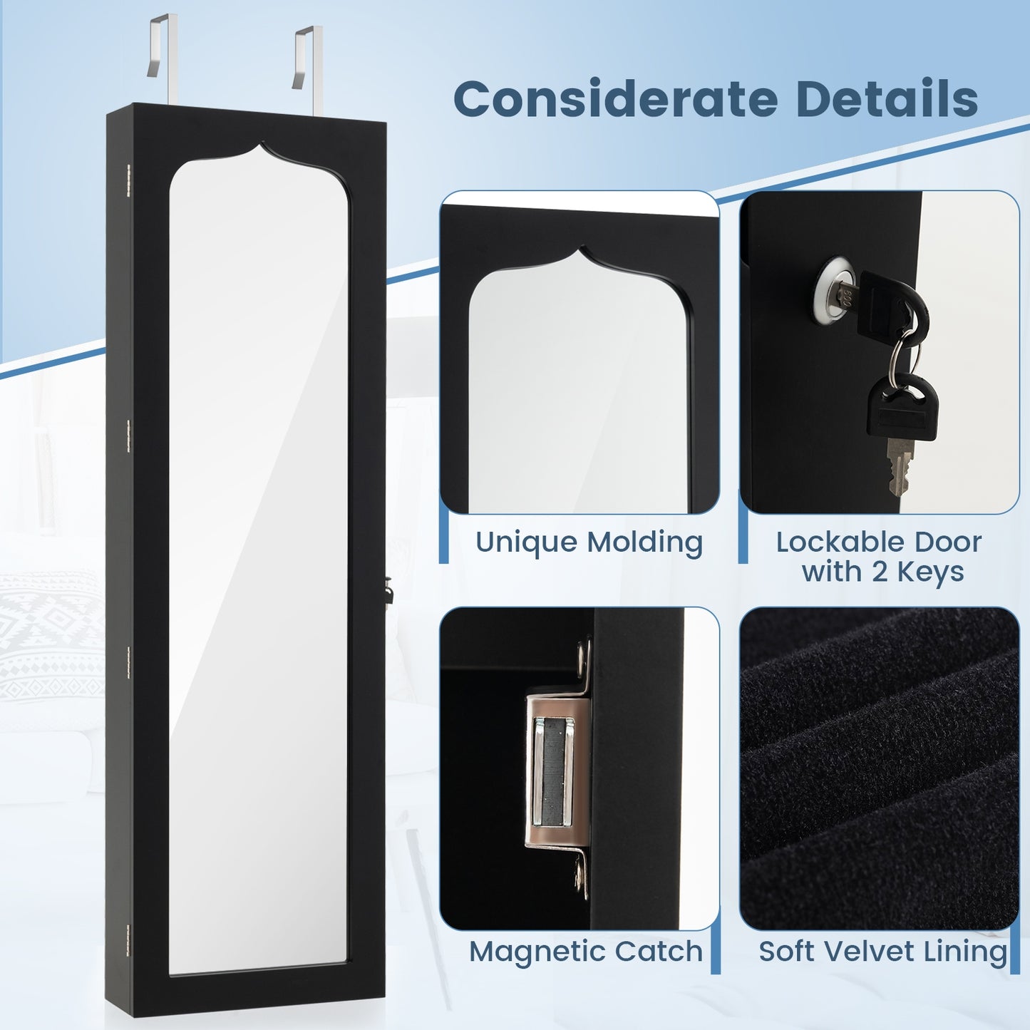 Lockable Wall Mounted Mirror Jewelry Armoire with 5 LEDs and 6 Drawers-Black Kids Crystal