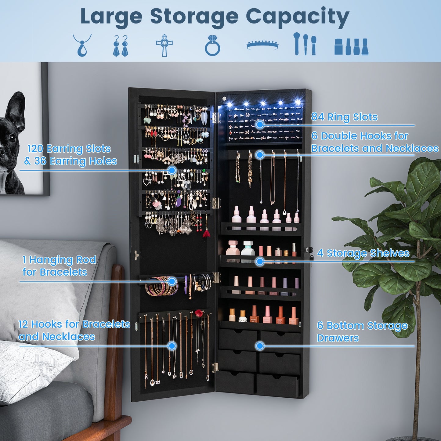 Lockable Wall Mounted Mirror Jewelry Armoire with 5 LEDs and 6 Drawers-Black Kids Crystal