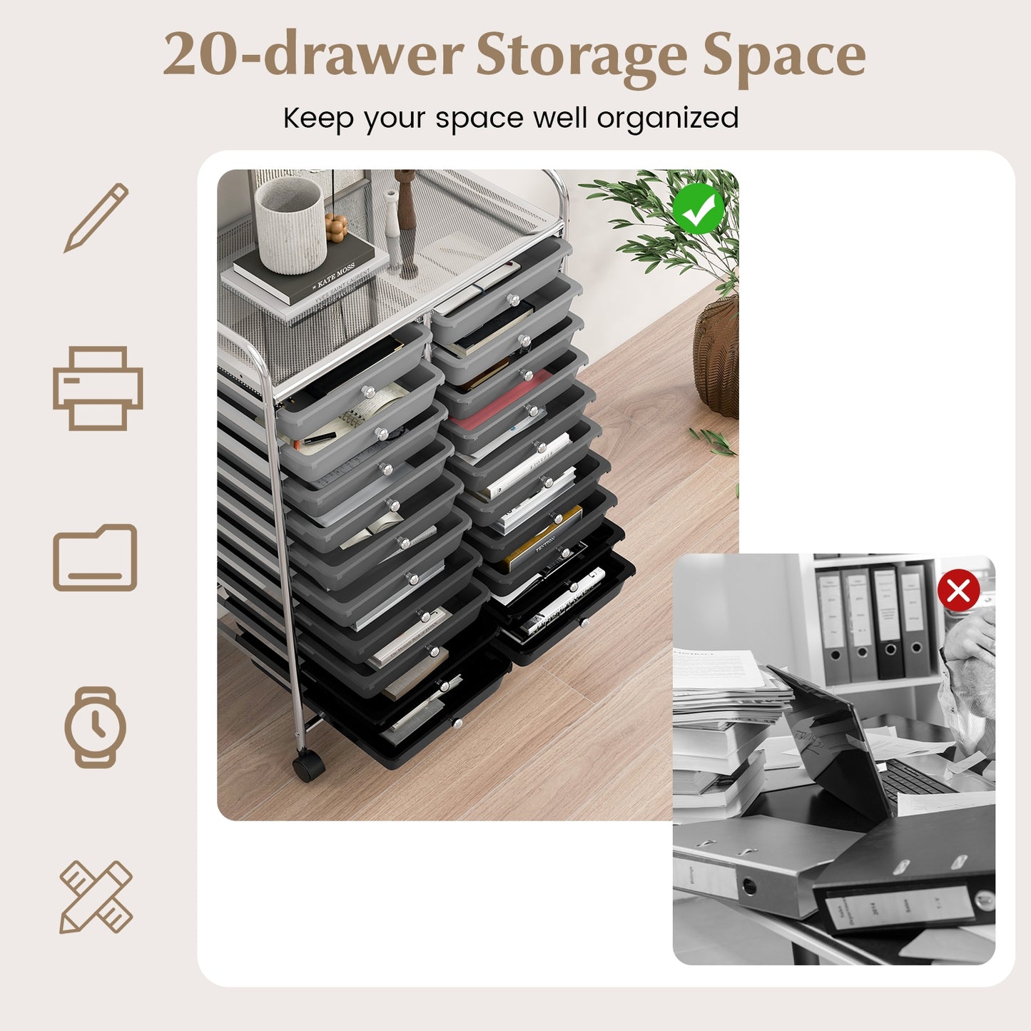 20 Drawers Rolling Storage Cart Studio Organizer-Black & Gray Kids Crystal