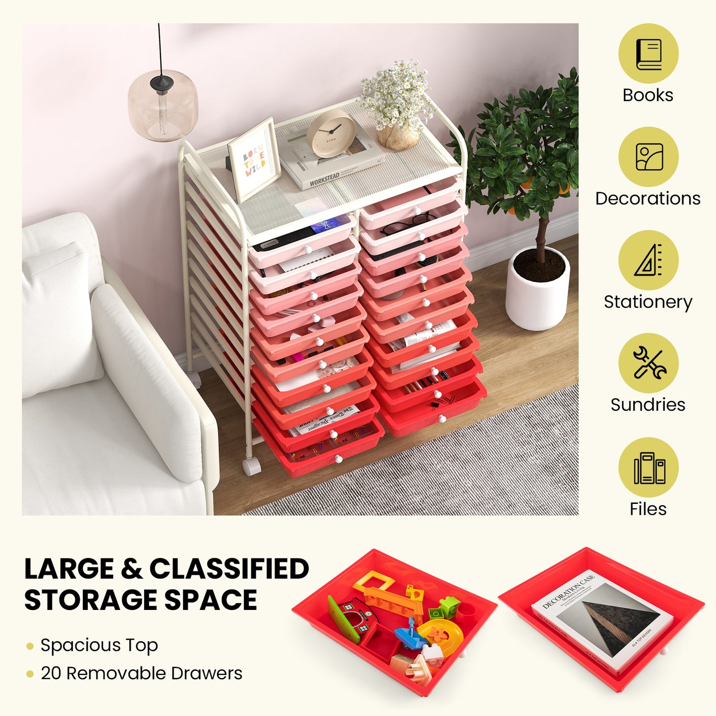 20 Drawers Rolling Storage Cart Studio Organizer-Gradient Pink Kids Crystal