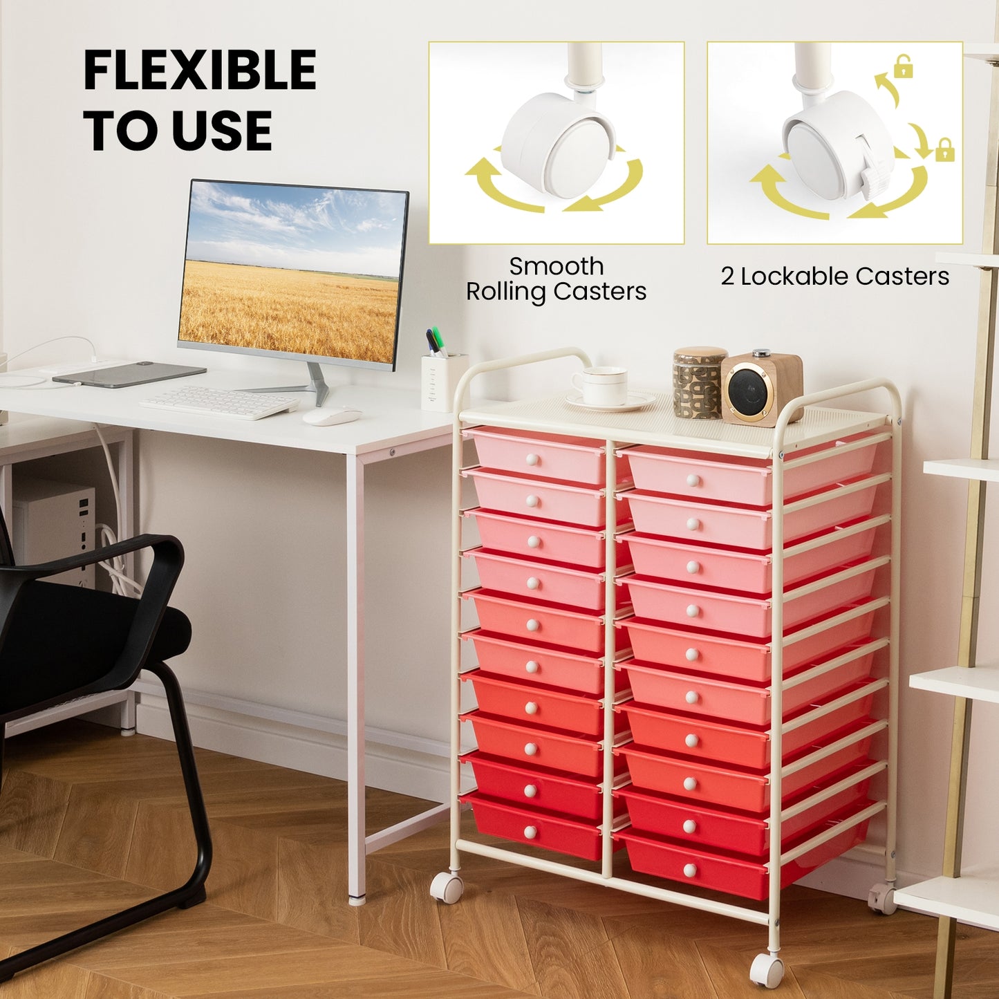 20 Drawers Rolling Storage Cart Studio Organizer-Gradient Pink Kids Crystal