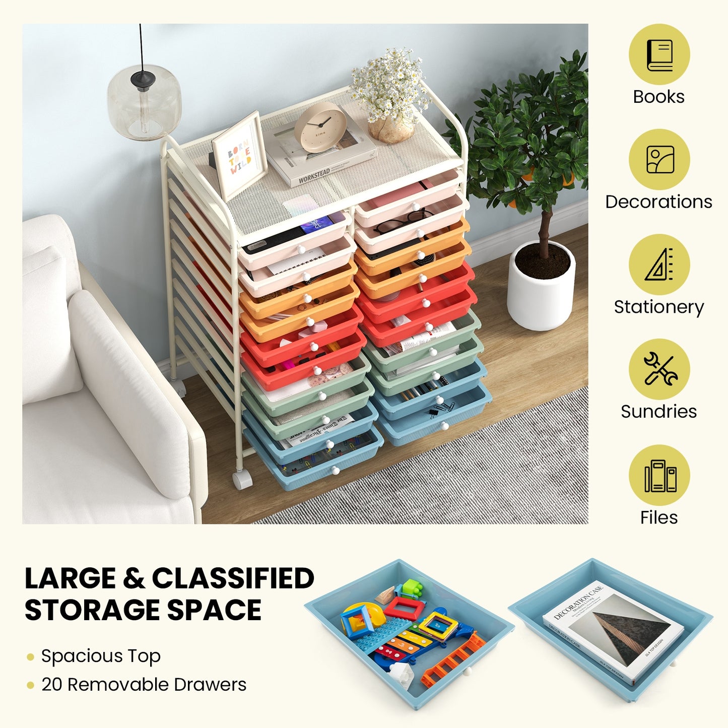 20 Drawers Rolling Storage Cart Studio Organizer-Deep Multicolor Kids Crystal