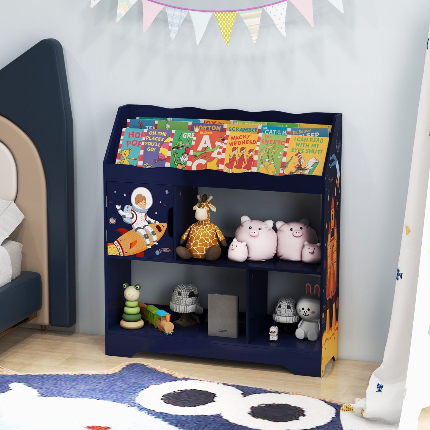 Kids Toy Storage Organizer with Book Shelf and Storage Cabinet-Navy Kids Crystal
