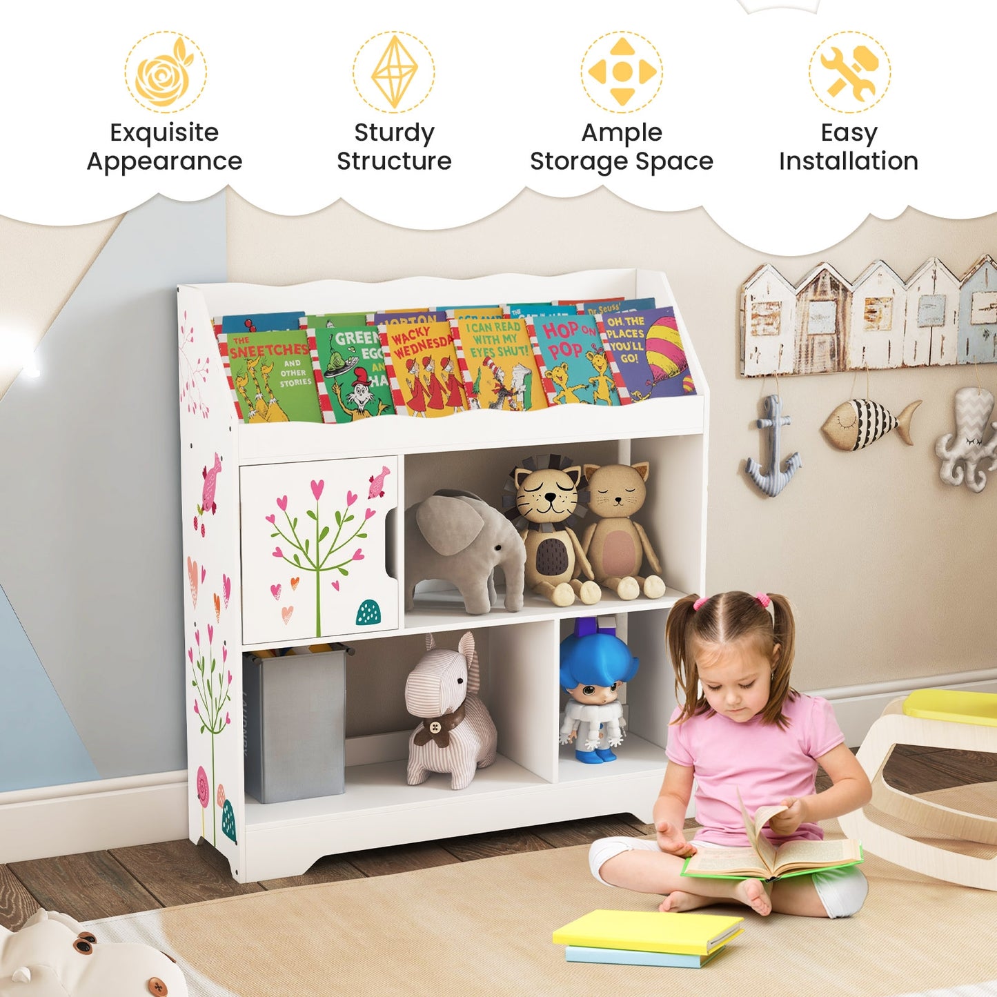 Kids Toy Storage Organizer with Book Shelf and Storage Cabinet-White Kids Crystal