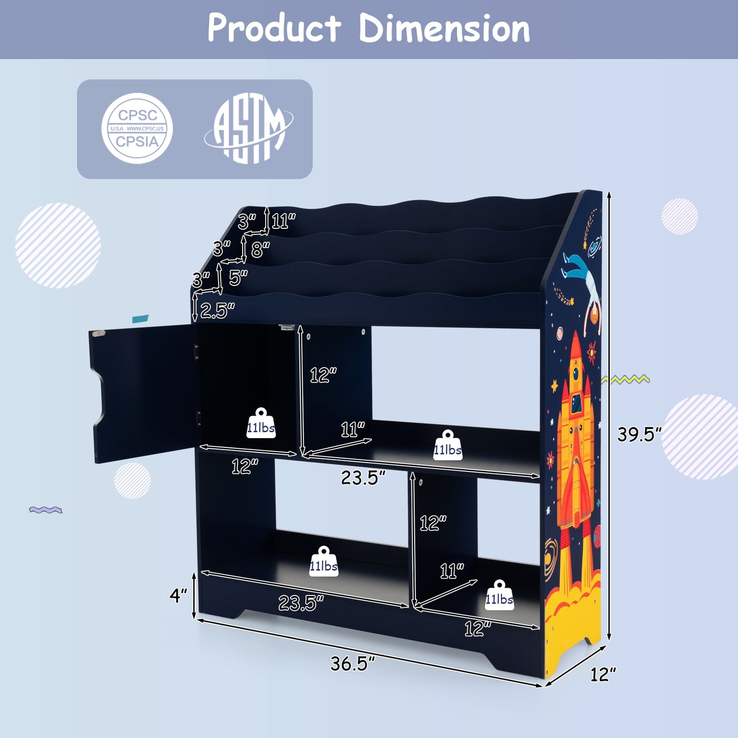 Kids Toy Storage Organizer with Book Shelf and Storage Cabinet-Navy Kids Crystal