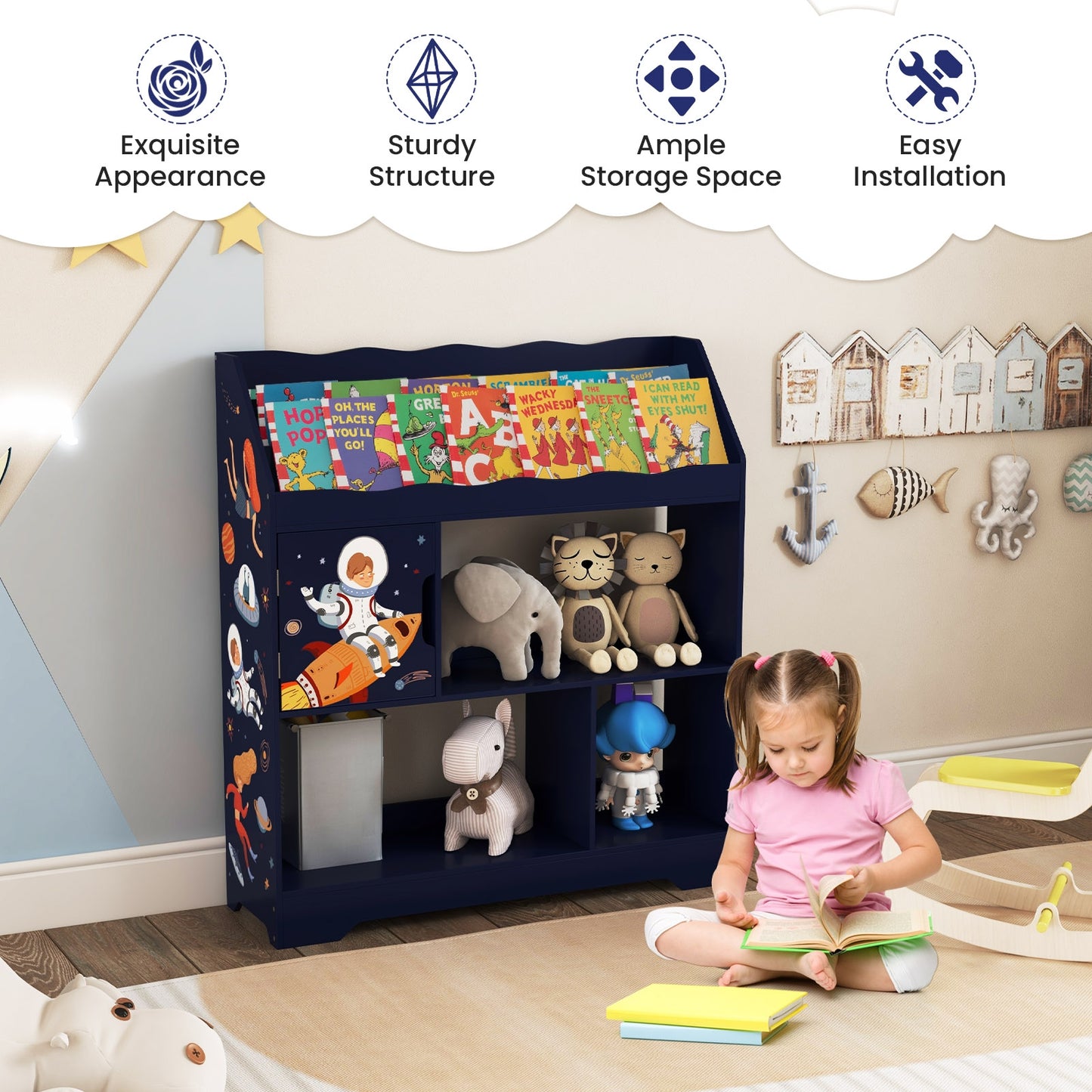 Kids Toy Storage Organizer with Book Shelf and Storage Cabinet-Navy Kids Crystal
