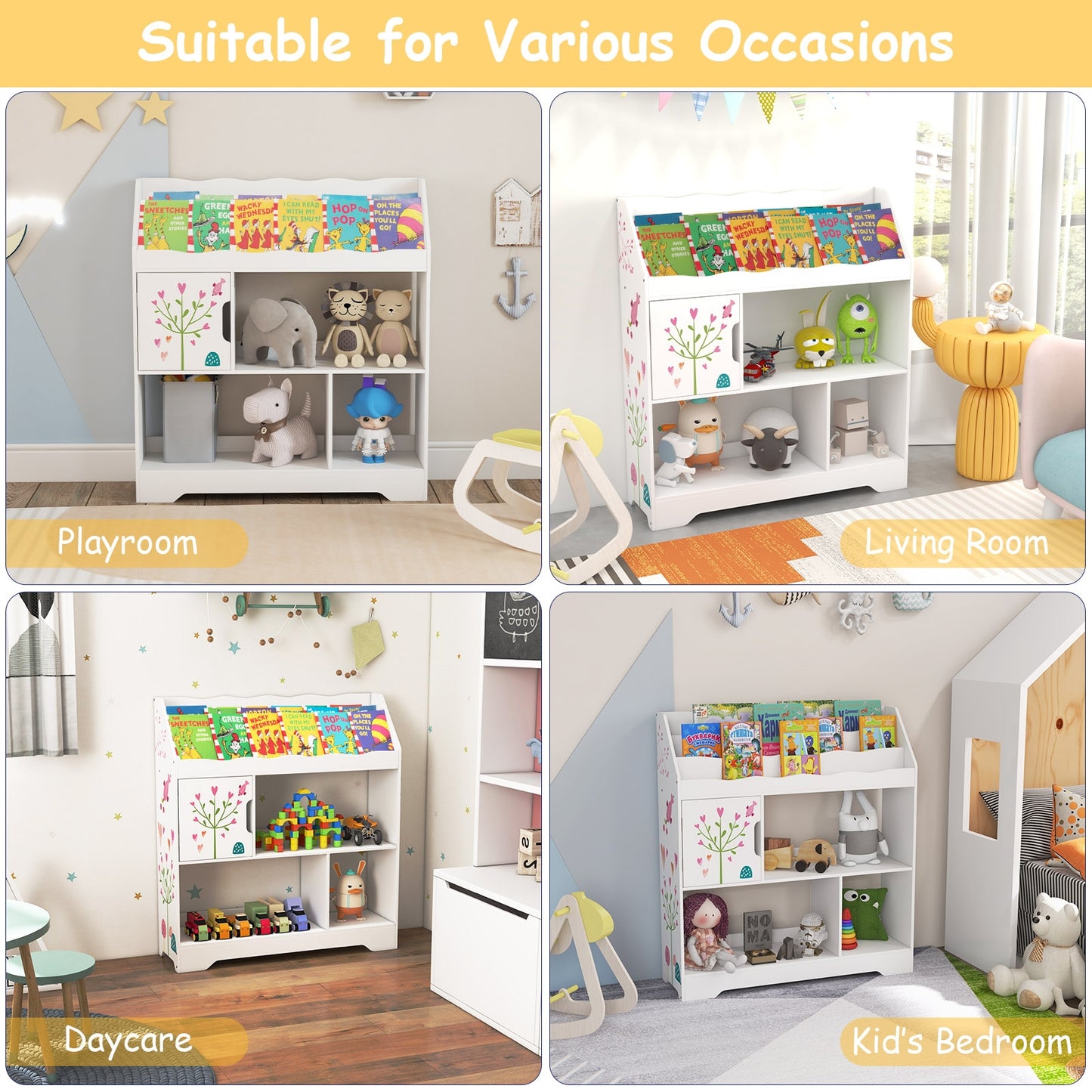 Kids Toy Storage Organizer with Book Shelf and Storage Cabinet-White Kids Crystal