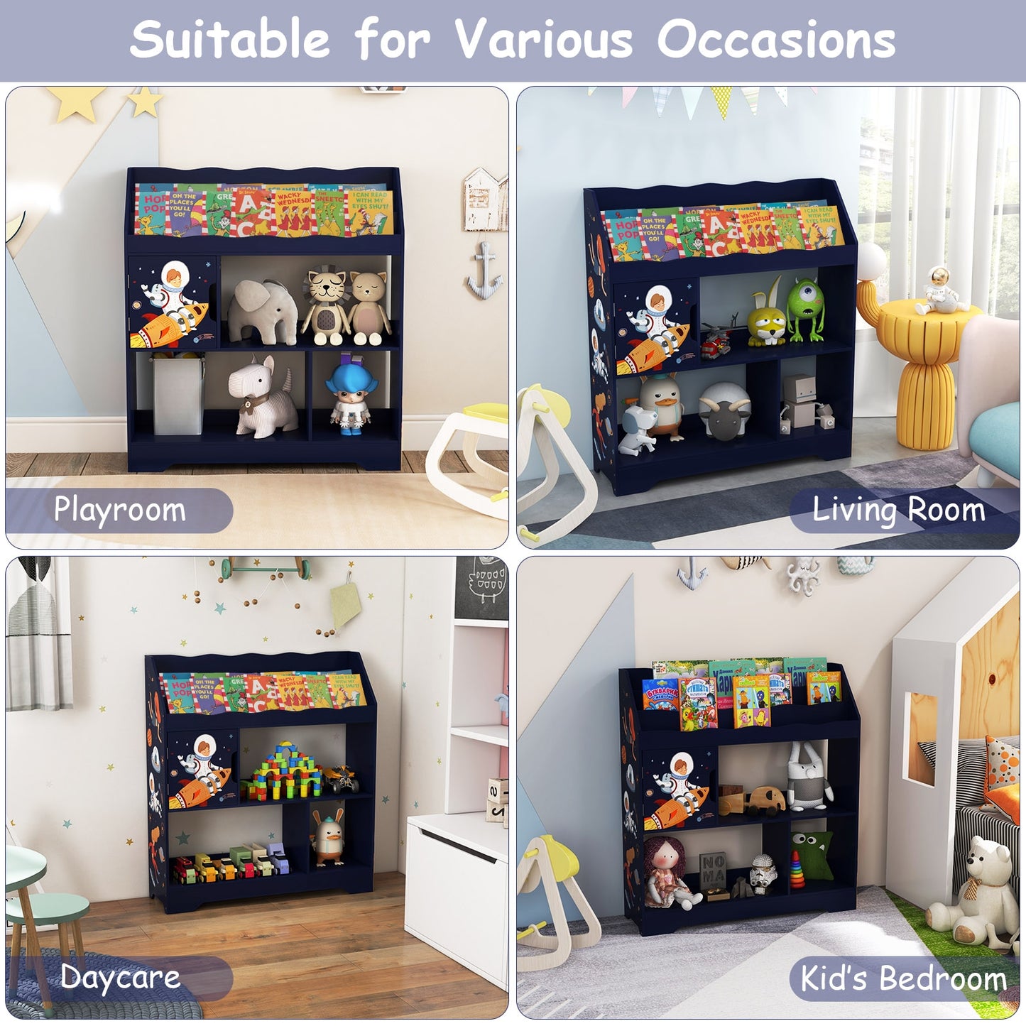Kids Toy Storage Organizer with Book Shelf and Storage Cabinet-Navy Kids Crystal