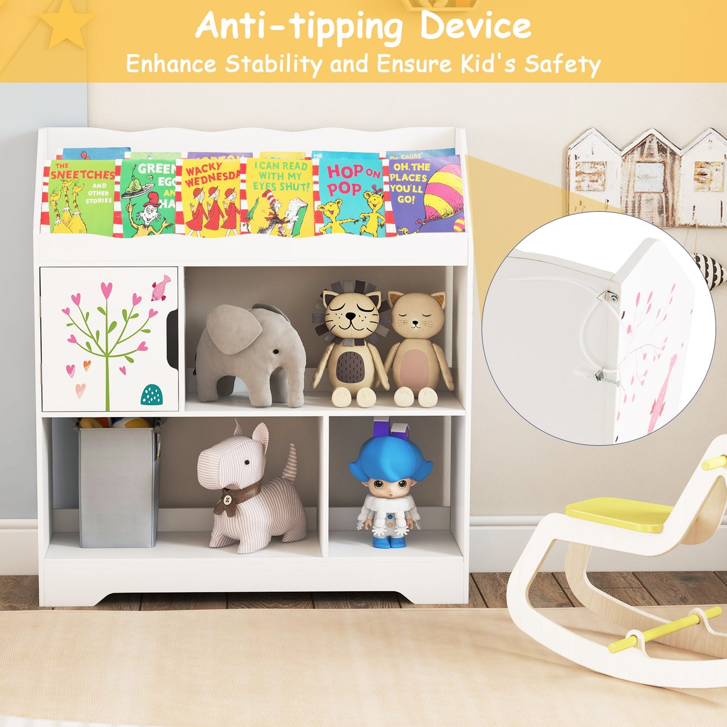 Kids Toy Storage Organizer with Book Shelf and Storage Cabinet-White Kids Crystal
