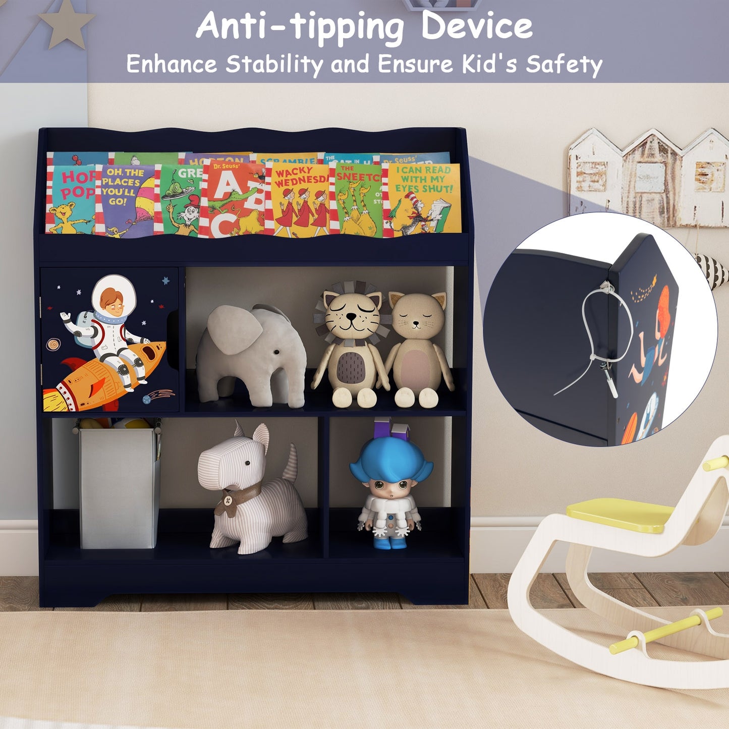 Kids Toy Storage Organizer with Book Shelf and Storage Cabinet-Navy Kids Crystal