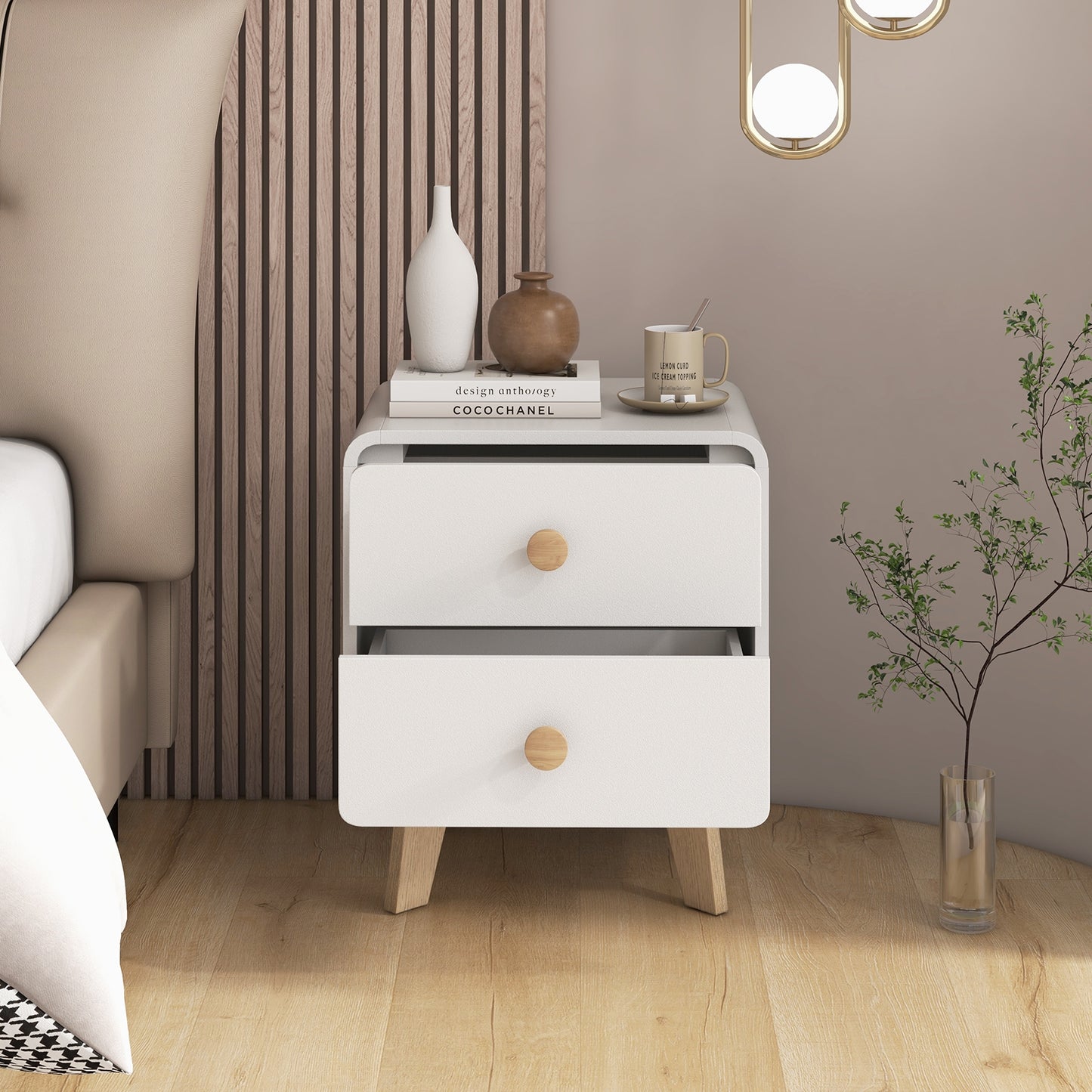 Nightstand with 2 Drawers Solid Rubber Wood Legs-White Kids Crystal