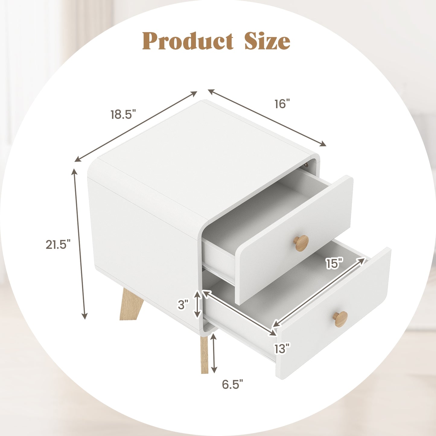 Nightstand with 2 Drawers Solid Rubber Wood Legs-White Kids Crystal