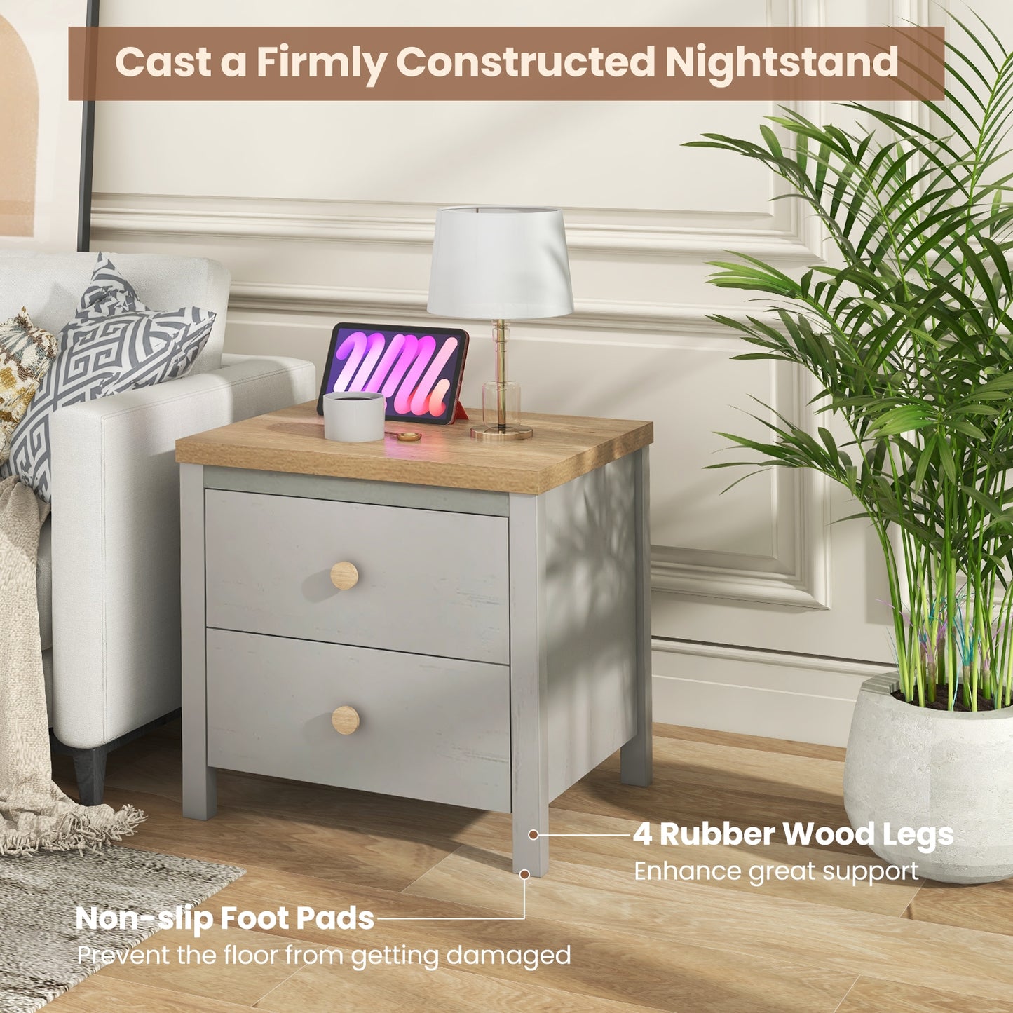 2-Drawer Nightstand with Rubber Wood Legs-Gray Kids Crystal