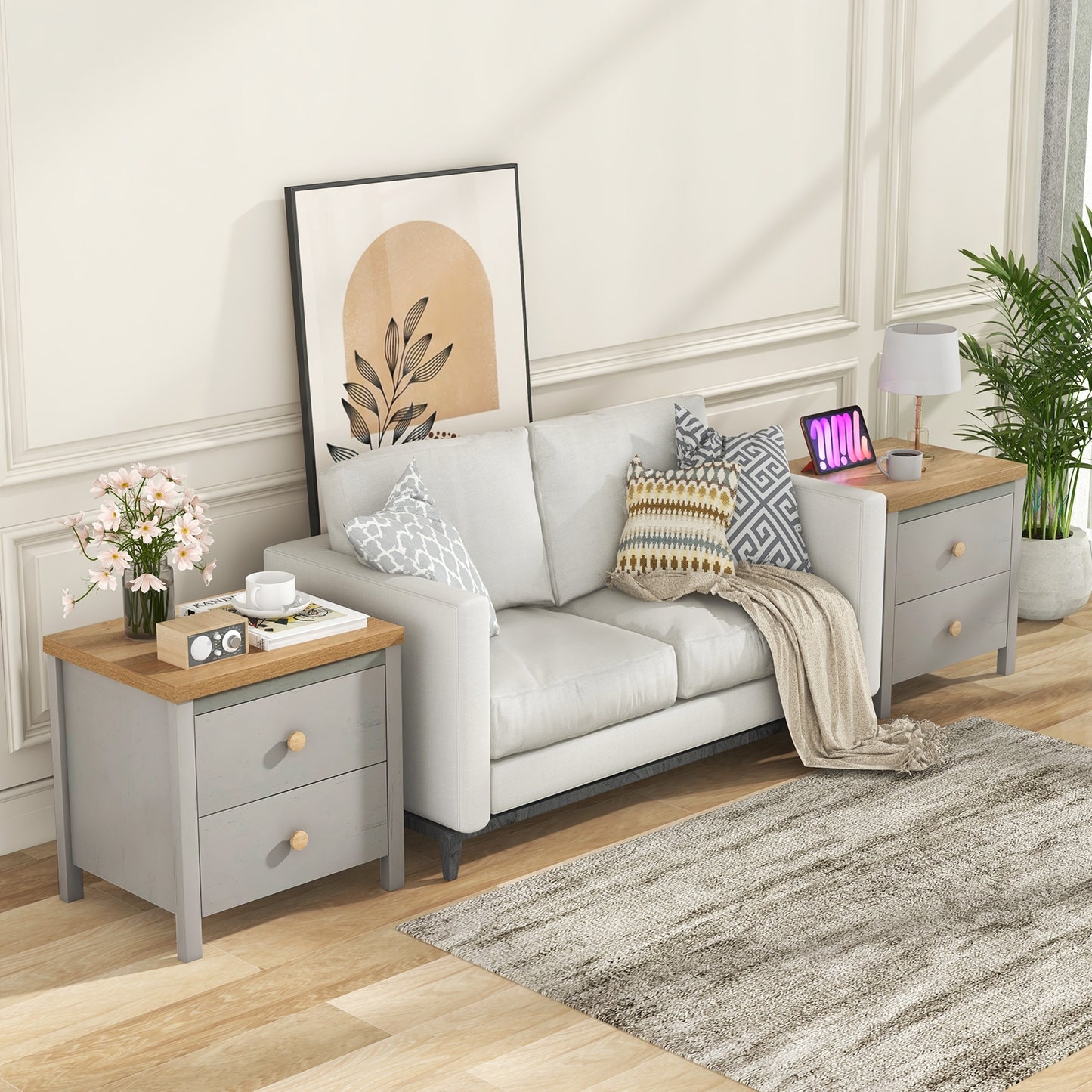 2-Drawer Nightstand with Rubber Wood Legs-Gray Kids Crystal