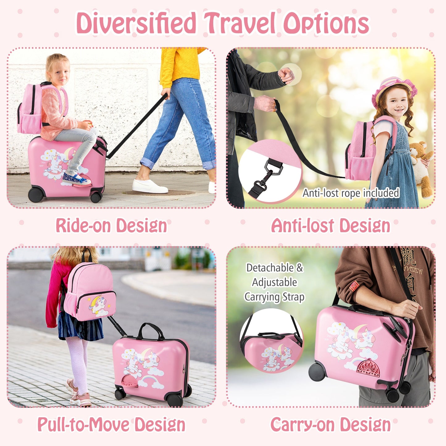 2 Pieces Kid Luggage Set with Spinner Wheels and Aluminum Handle-Pink Kids Crystal