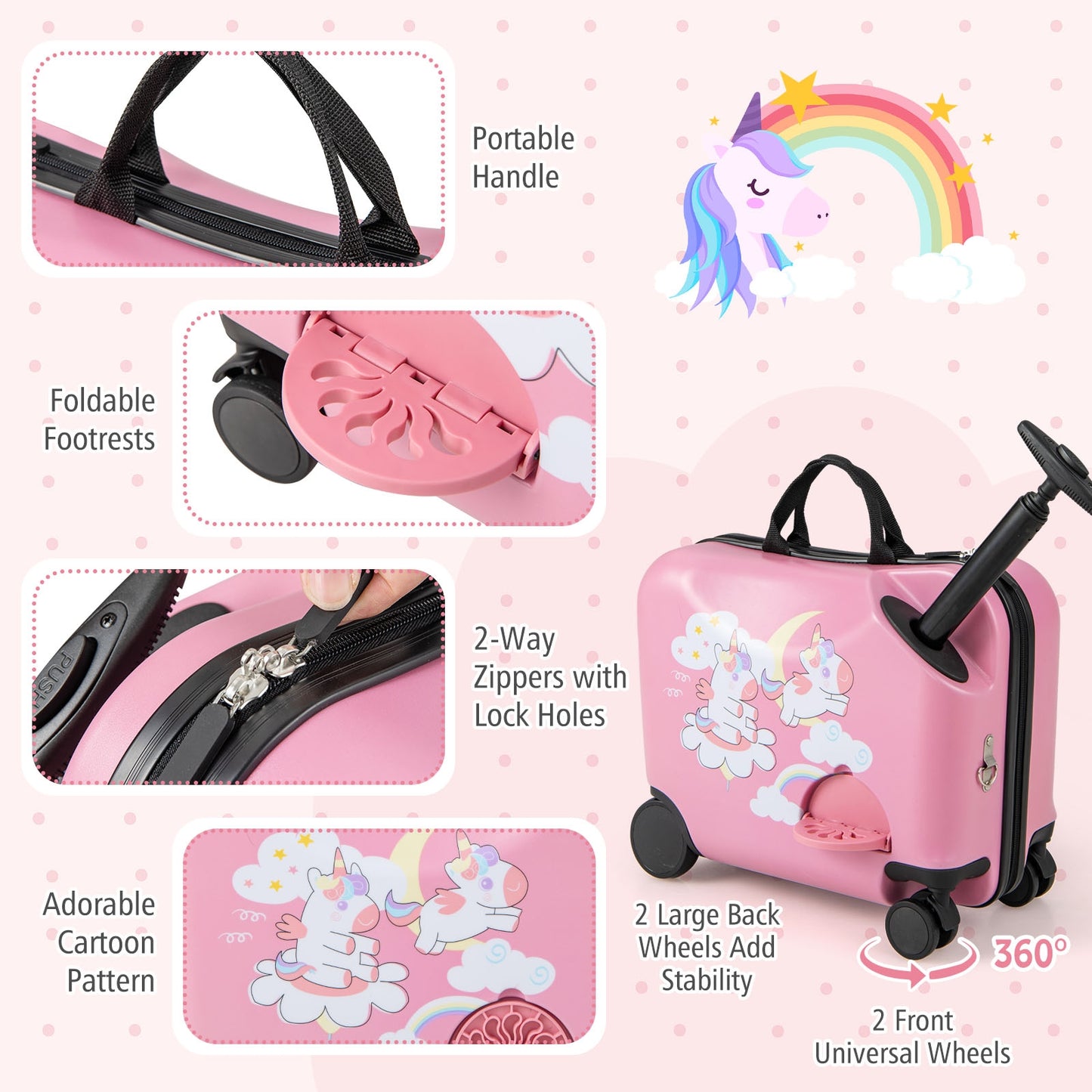 2 Pieces Kid Luggage Set with Spinner Wheels and Aluminum Handle-Pink Kids Crystal
